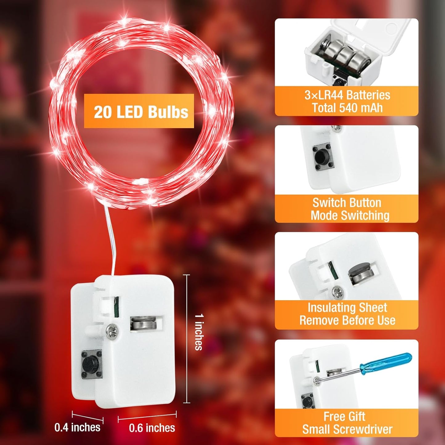 Skiennix 6 Pack Fairy Lights - 7ft Battery Operated 20 LED Twinkle Lights | Waterproof for Mason Jars & DIY Decor - Red