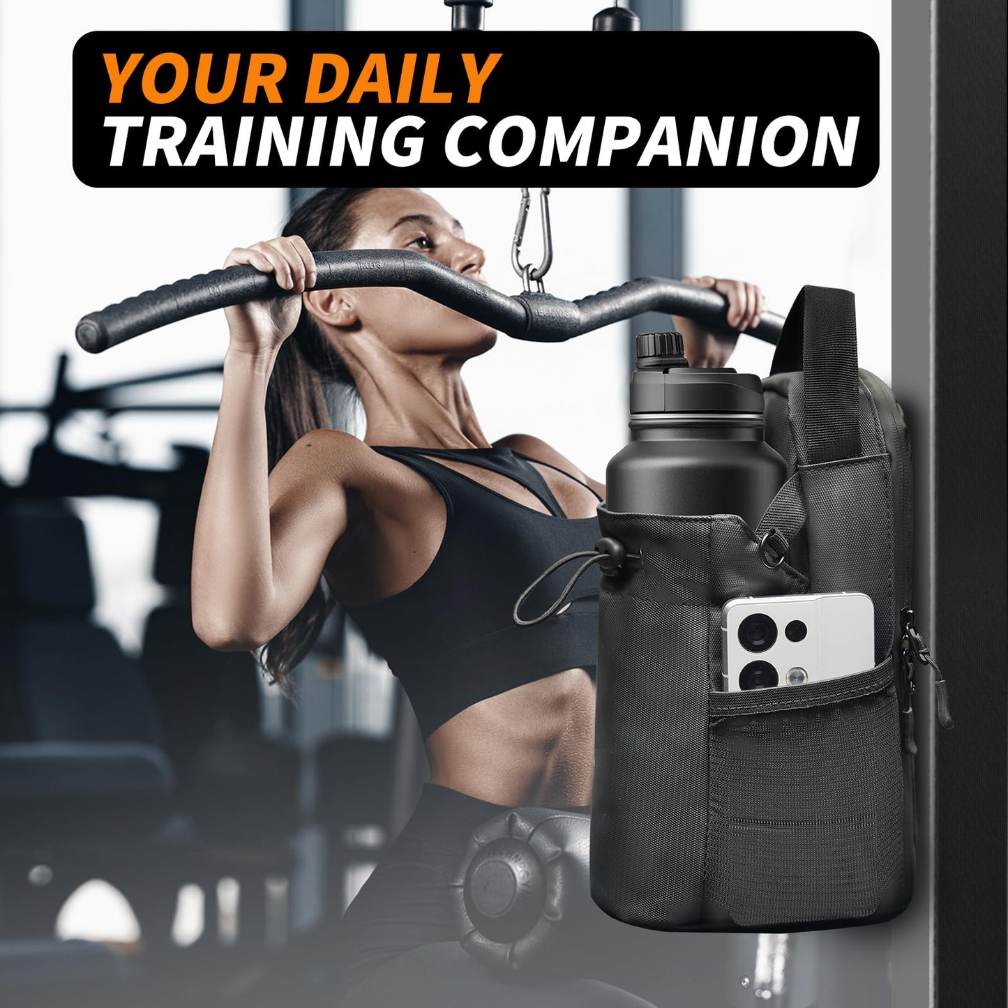 seektik Magnetic Gym Bag for Women and Men, Magnetic Water Bottle Holder with Strap and Phone Pocket (Black)