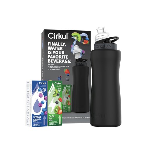Cirkul 32oz Matte Black Stainless Steel Water Bottle Starter Kit - Includes 2 Flavor Cartridges