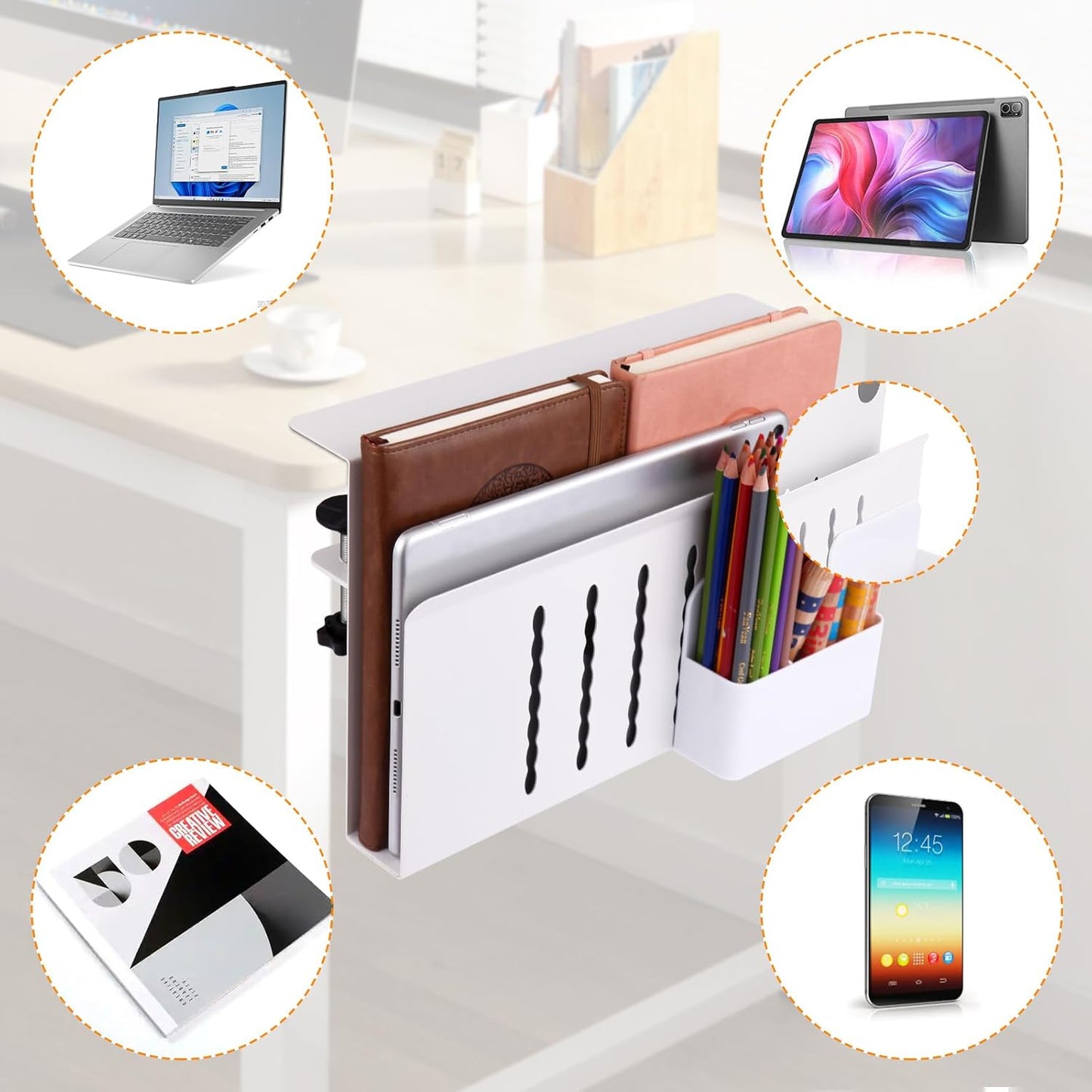 Desk Side Storage, Under Desk Laptop Mount, Table Side Hanging File Organizer, No Drill Clamp On Cable Management Tray