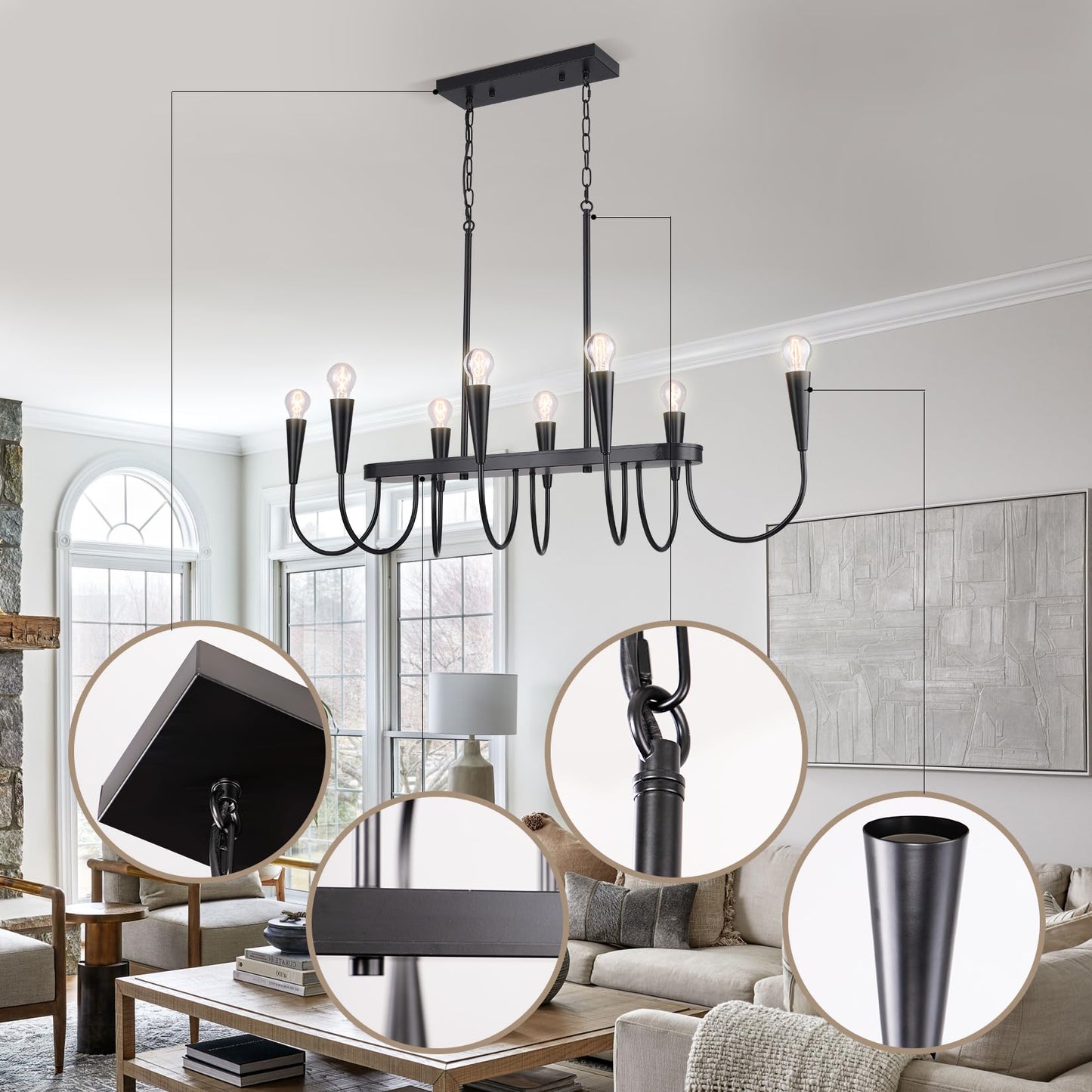 Fang Yan Mei 48 Inch Black Industrial Chandelier, 8-Light Linear Farmhouse Dining Room Ceiling Light for Kitchen Island, Adjustable Hanging Chain, E26 Bulb Base (Bulbs Not Included)