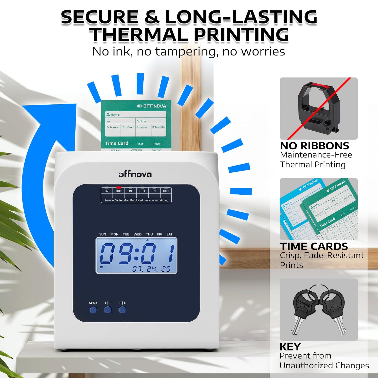 OFFNOVA Thermal Time Clock for Employees Small Business, No Ink Ribbons or Network Needed, in/Out Time Attendance Machine with 50 Time Cards, White