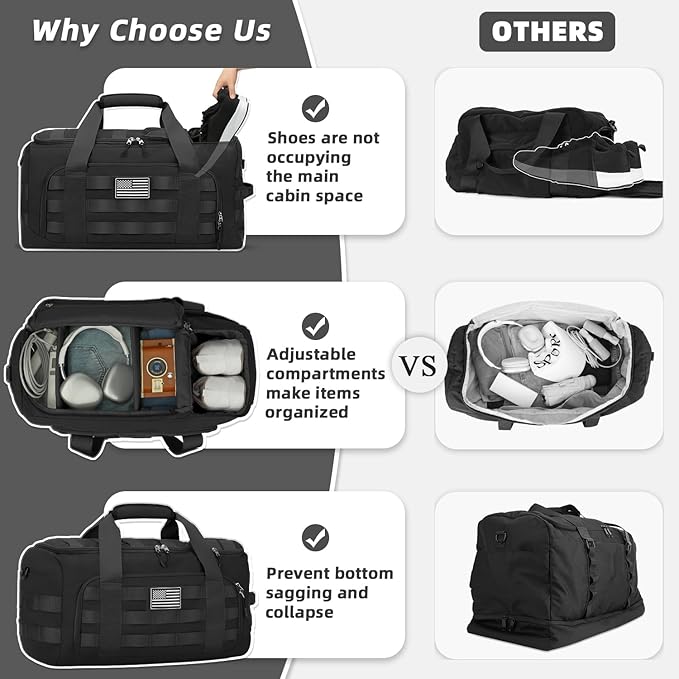 ZOMFELT Tactical Gym Bags for Men, 40L Travel Duffle Bag with Removable Dividers & Innovative Shoe Compartment, 3-in-1 Waterproof MOLLE Gym Duffel Backpack, Airplane Carry-On Approved, Black