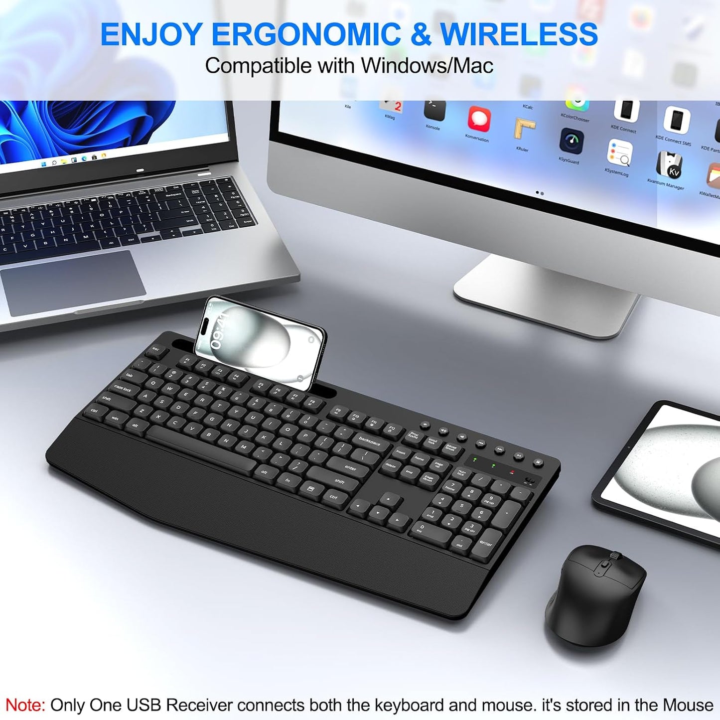 EDJO Set Wireless Keyboard and Mouse Combo, Full-Size Ergonomic Wireless Computer Keyboard with Wrist Rest, Phone