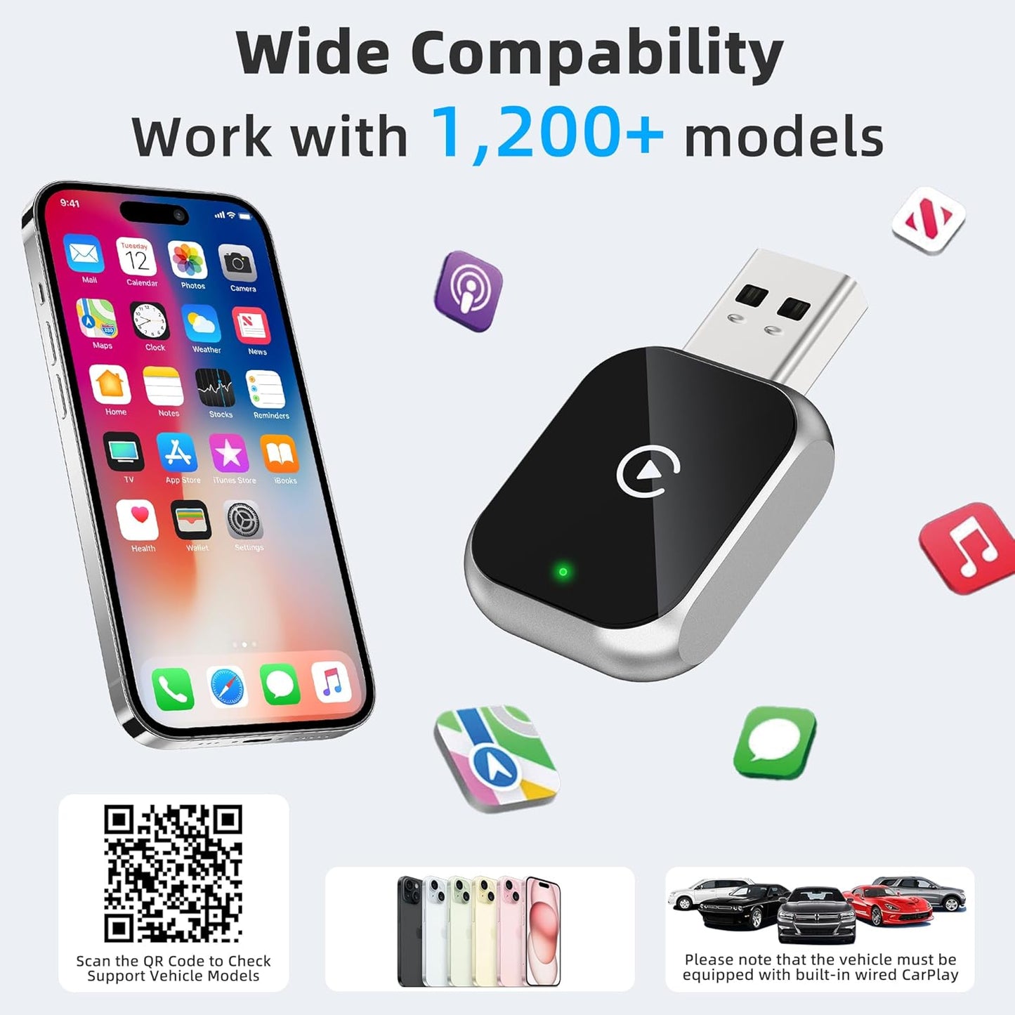 Junboer 10+, Mini Wireless Carplay Adapter for iPhone - Carplay Wireless Adapter Car Play Dongle, Wired to Wireless