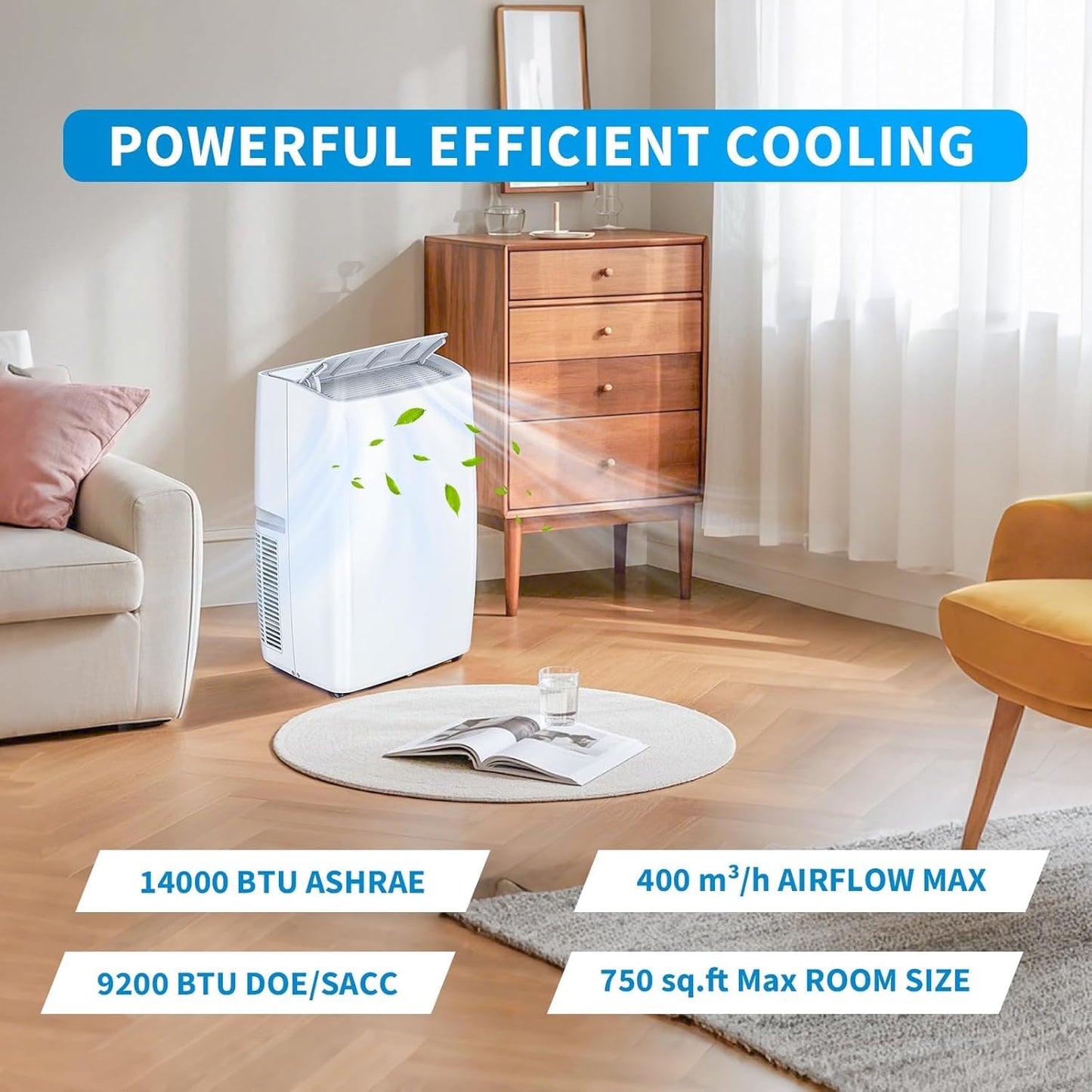 Portable Air Conditioners 14,000 BTU, Portable AC Unit for Bedroom and Office, 400m³/h Cooling for 750 Sq. Ft, Drain-Free Technology with 75-Pint Dehumidification, Includes Remote & Mount Kit, White
