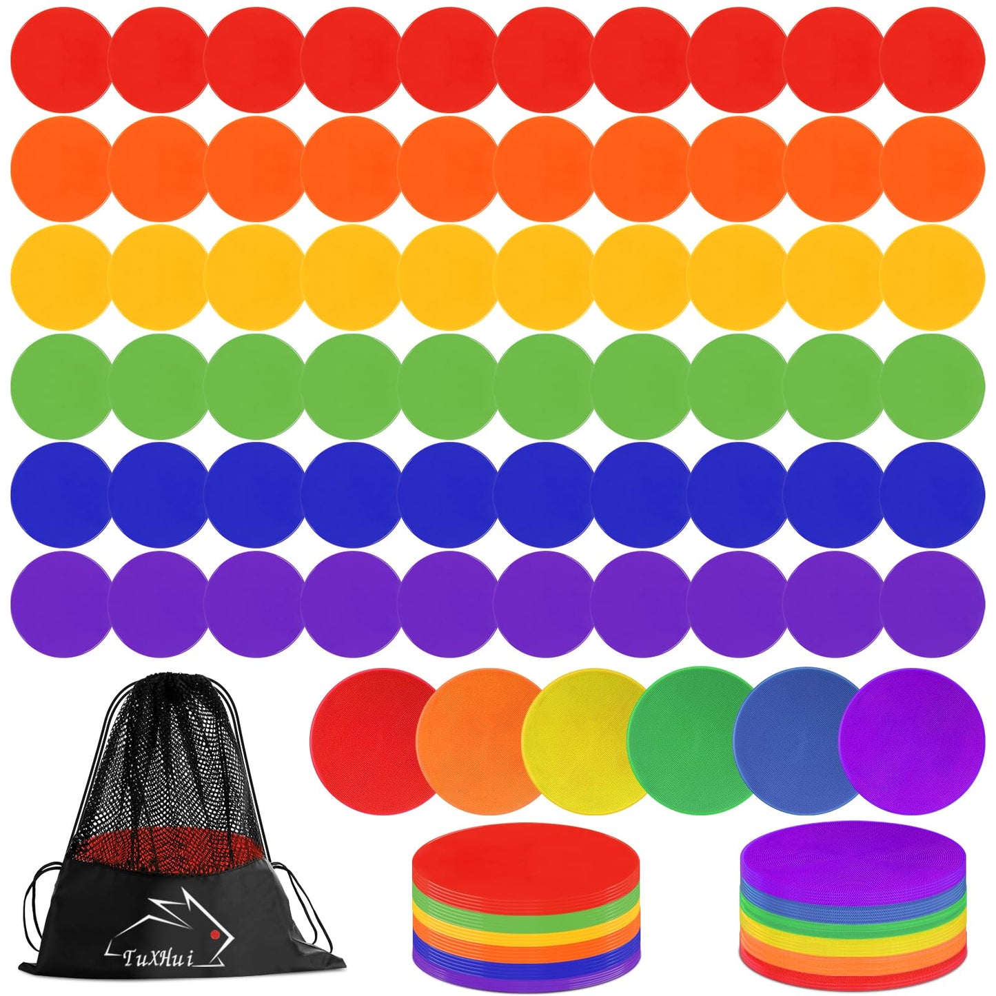 TuXHui 60 Pcs Poly Vinyl Spot Markers Rubber Floor Dots Non Slip Agility Markers Flat Field Cones for PE Gym Classes, Classroom Activities and Games, Soccer Basketball Sports Speed Agility Training