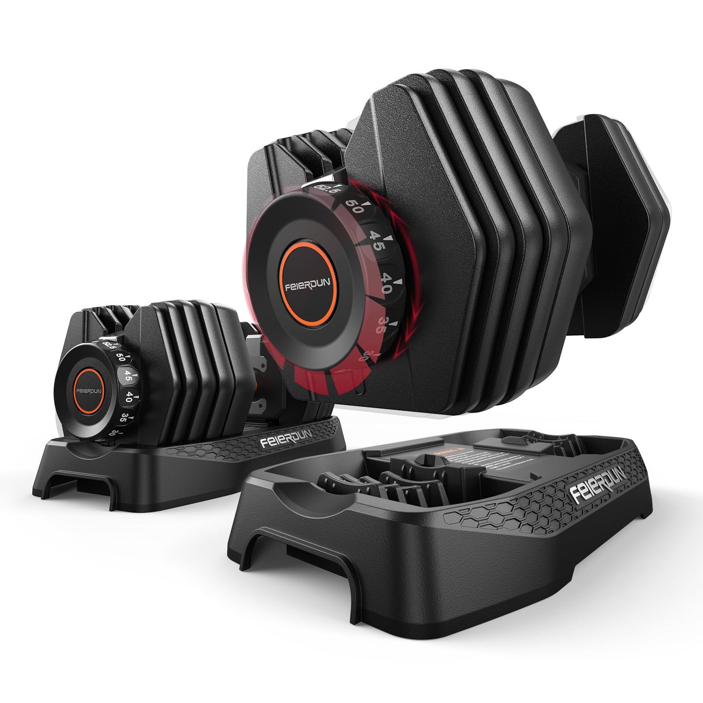 FEIERDUN DB1 QuickDial Adjustable Dumbbell Set, 15-in-1 Adjustable Weights with Storage Box & App, 105lb/52.5lb Quick Change for Drop Set, Superset & HIIT Home Gym, Non-Slip Handles, 3-year Aftersale Service
