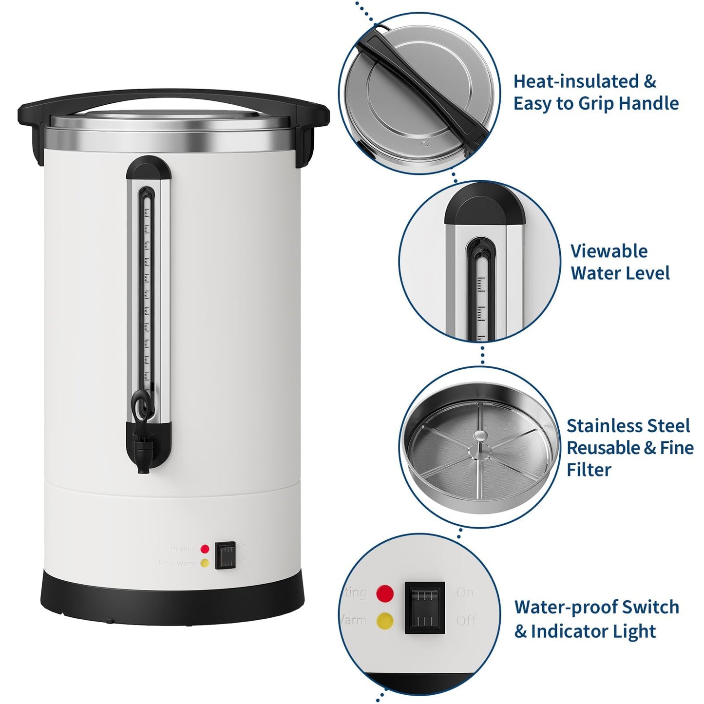 Garvee 14 L/100 Cups Coffee Urn-3.8 gal Double Wall Commerical Coffee Maker for Buffet Catering Wedding Gathering,Large Capacity Hot Coffee Dispenser,Stainless Steel Hot Water Urn-White