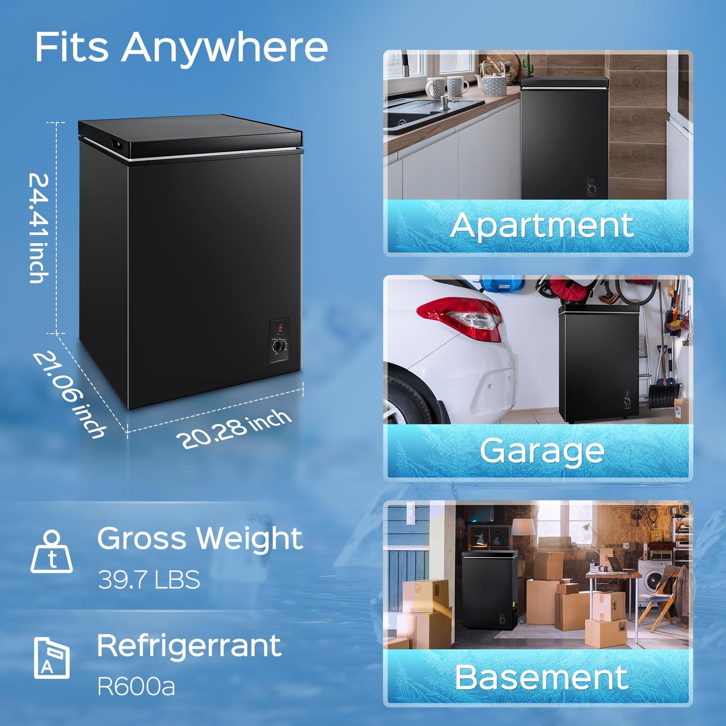 Anypro Chest Freezer 4.5 Cu.Ft, FreeStanding Top Door Compact Small Deep Mini Freezer with Removable Basket, 7 Adjustable Temperatures for Garage Dorm Apartment RV Kitchen Business, Black