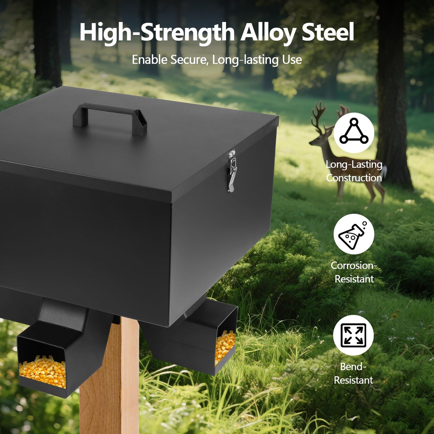 YeeJinHong Portable 80LB Gravity Deer Feeder,Heavy Duty Metal Automatic Deer Feeder with 4 Feed Ports,Weatherproof for Wildlife Hunting & Backyard Game