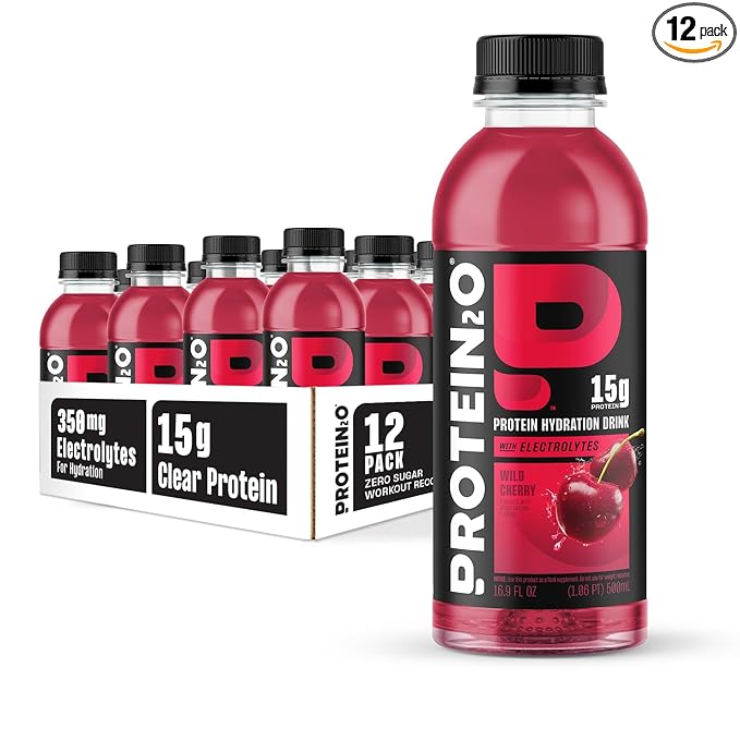 Protein2o Hydration Drink - 2-in-1 Liquid Clear Whey Protein Isolate and Electrolyte Drink - 15g Protein, Vitamins B5, B6 - Post-Workout Recovery - 16.9 Fl Oz - 12 Count Wild Cherry