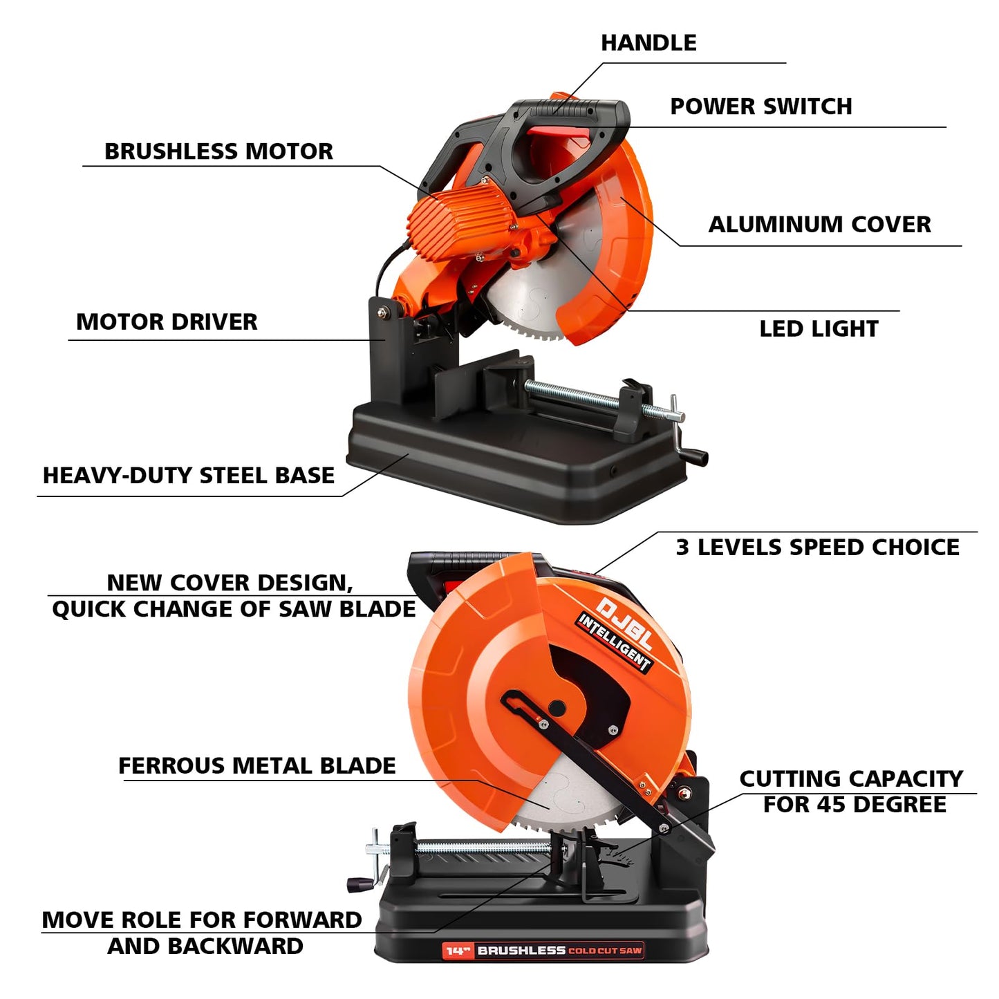 DJBL 14" 3500w Brushless Cold Cut Saw,Dry Cut Saw Cutting Speeds Changeable,Brushless Motor Metal Cut Chop Saw with 66 Teeth Ferrous Metal Cutting Blade,45 Degree Adjustable