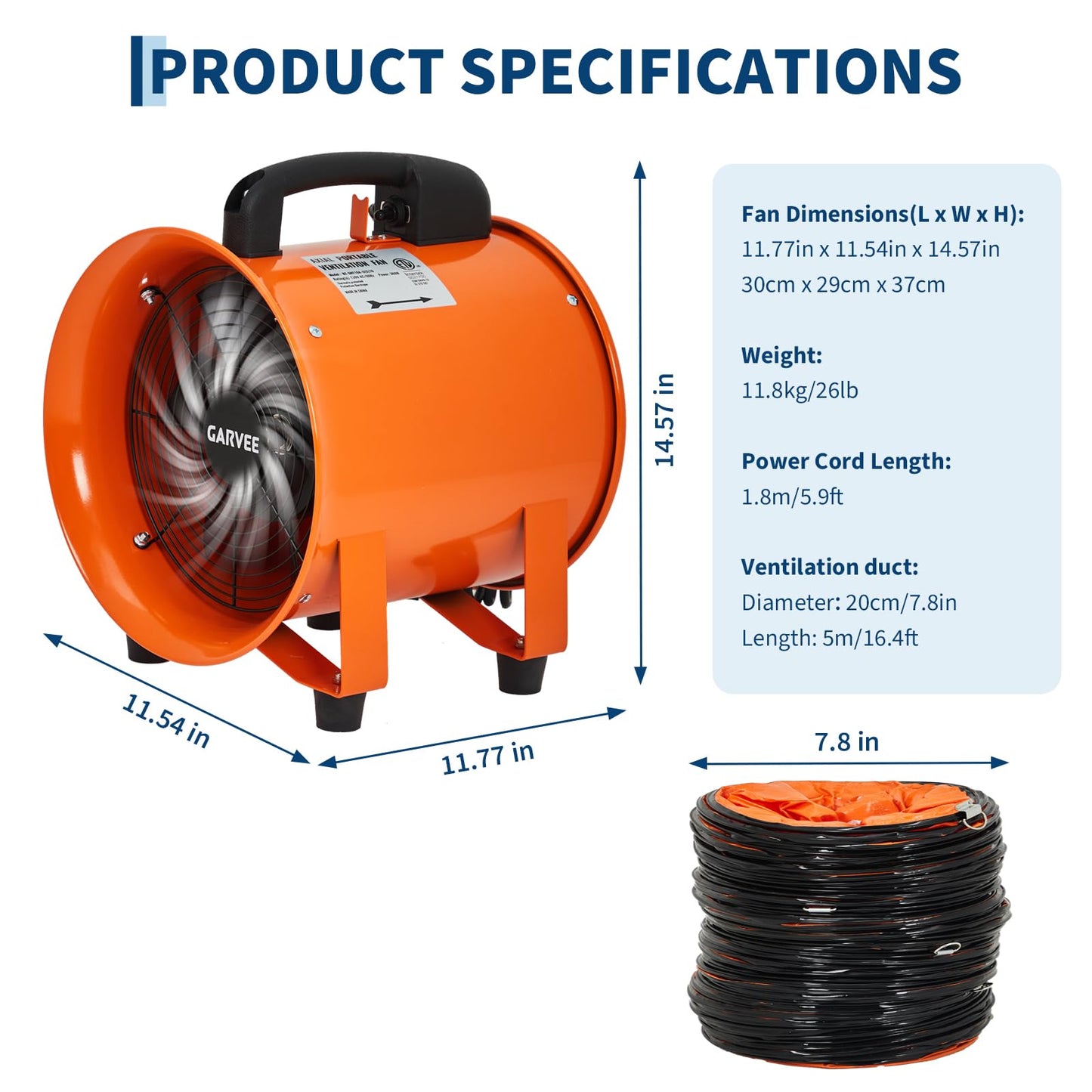 10 Inch Utility Blower Exhaust Fan, Portable Industrial Exhaust Fan with 16.4 ft Flexible Duct Hose, 2000 CFM Low-Noise Air Mover Blower Fan/Extractor/Ventilator for Basements, Workshops, Warehouses