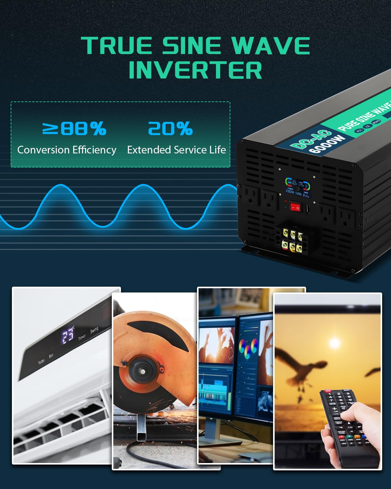 Mxmoonfree 6000W Pure Sine Wave Inverter 12V DC to 110V AC with Wireless Remote Control LCD Display 4 AC Outlets, 1 USB and Terminal Blocks for RV Truck Cabin Off Grid