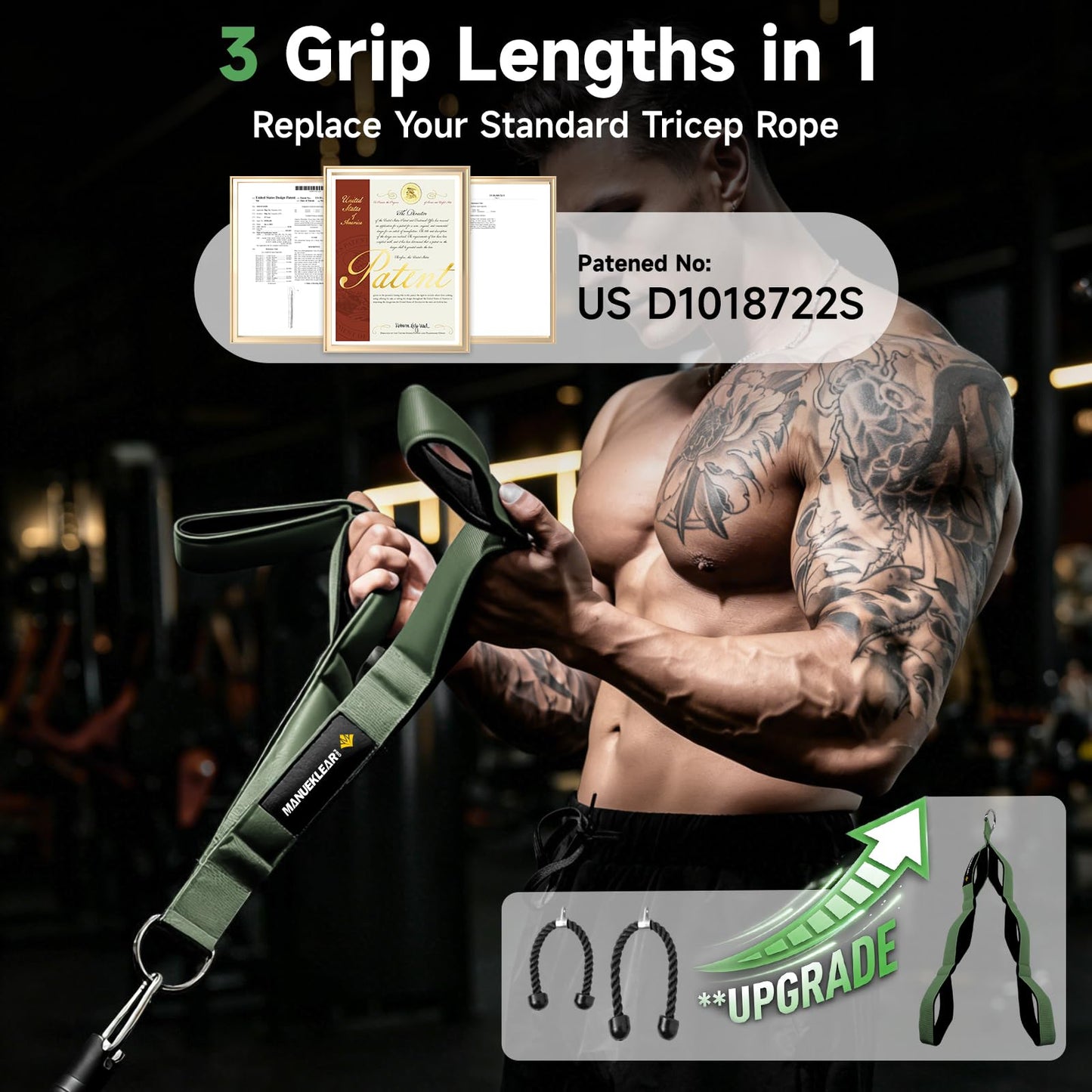 MANUEKLEAR 3 Grip Lengths in 1 Tricep Rope Cable Attachment with Ergonomic Handles, Greater ROM for Tricep Push Down Attachment Professional Gym Rope for Overhead Extension
