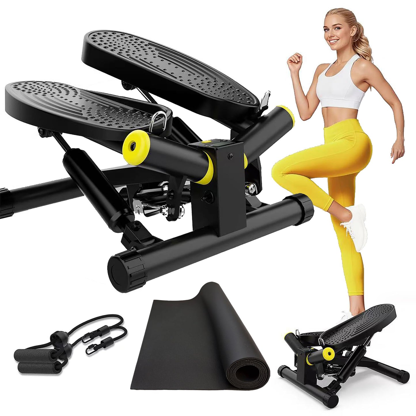 ZIWWVY- Mini Twist Stepper with Resistance Bands and Mat, Stepper Machine with 330LBS Weight Capacity, Stepper for Men and Women Full Body Workout, Adjustable Step Height, Smooth and Quiet