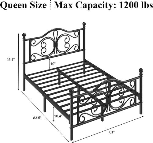 LOEWAY Queen Size Metal Platform Bed Frame - Butterfly Pattern Headboard & Footboard | Strong Slats, Easy Assembly, Noise-Free, Black