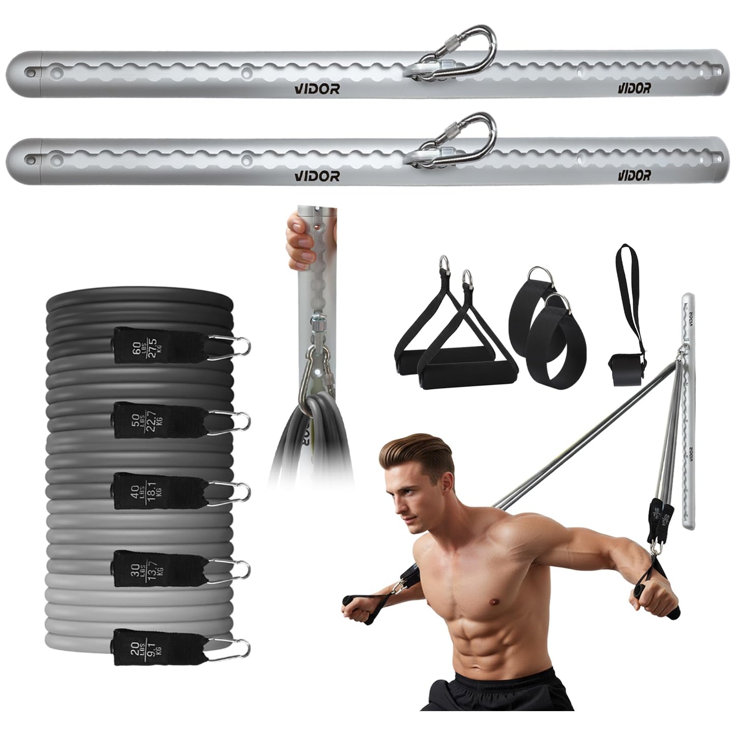 Resistance Band Wall Mount System - Heavy Duty Wall Anchor for Resistance Bands, Workout Wall Anchor with Aluminium Bracket for Home Gym Cable Machine & Fitness (2 Rails and Green Resistance Band)