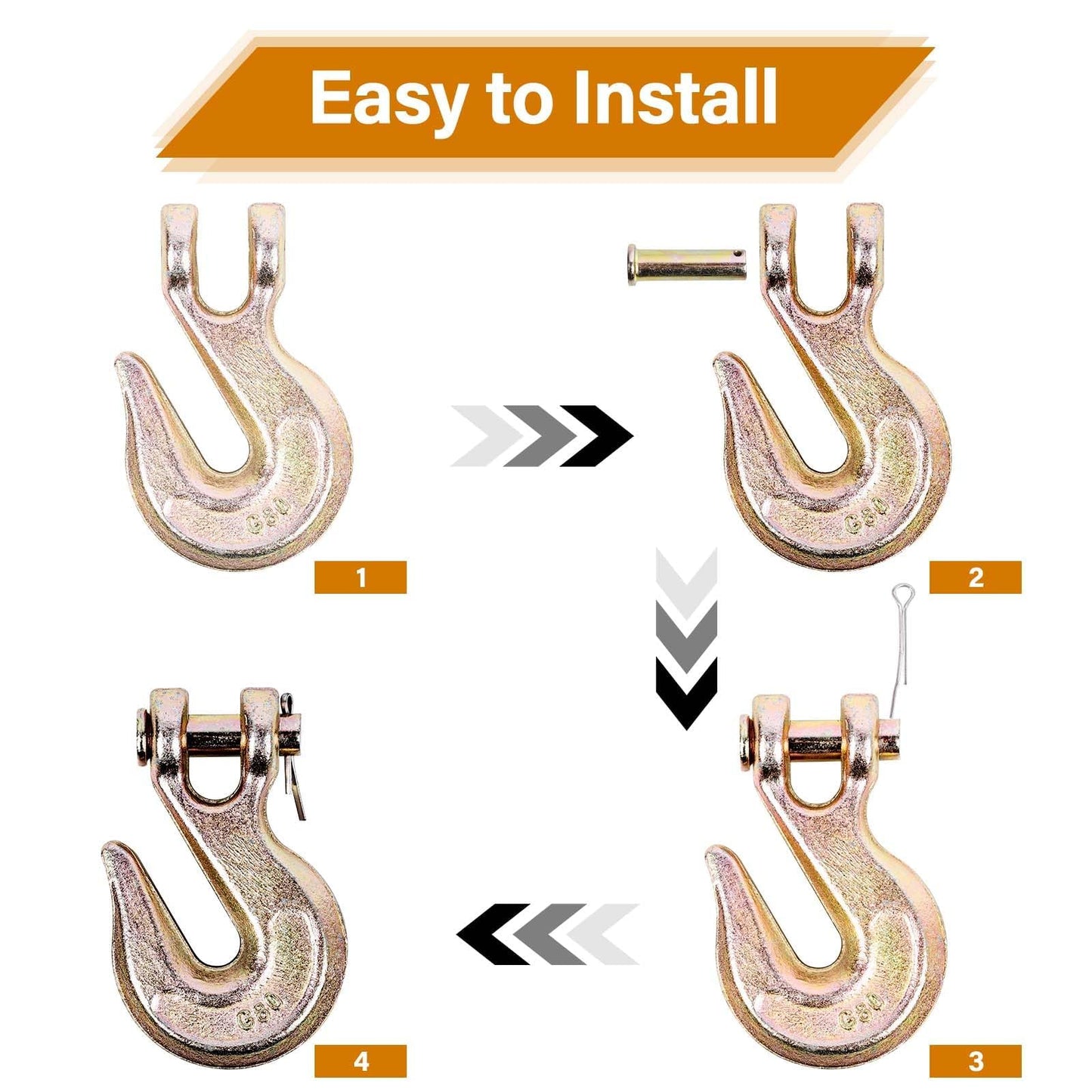 Lechansen 1/4" G80 Grab Hook, 10 Pack 1/4" Grade 80 Clevis Grab Hook Heavy Duty, G80 Tow Hook 1/4inch Chain Hook for Transport Chain, Trailer Safety Chain, Load Binder, 3,300 Lbs Working Load Limit