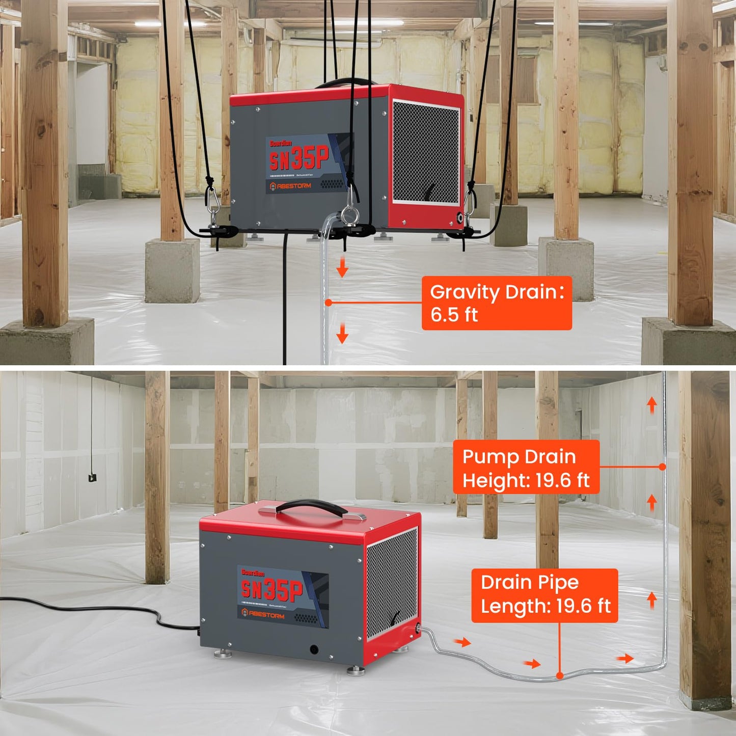 Abestorm 70 Pints Crawl Space Dehumidifiers with Pump, Compact Portable Commercial Dehumidifier Up to 1,000 sq. ft. Auto Defrost, Memory Starting Crawlspace Dehumidifiers