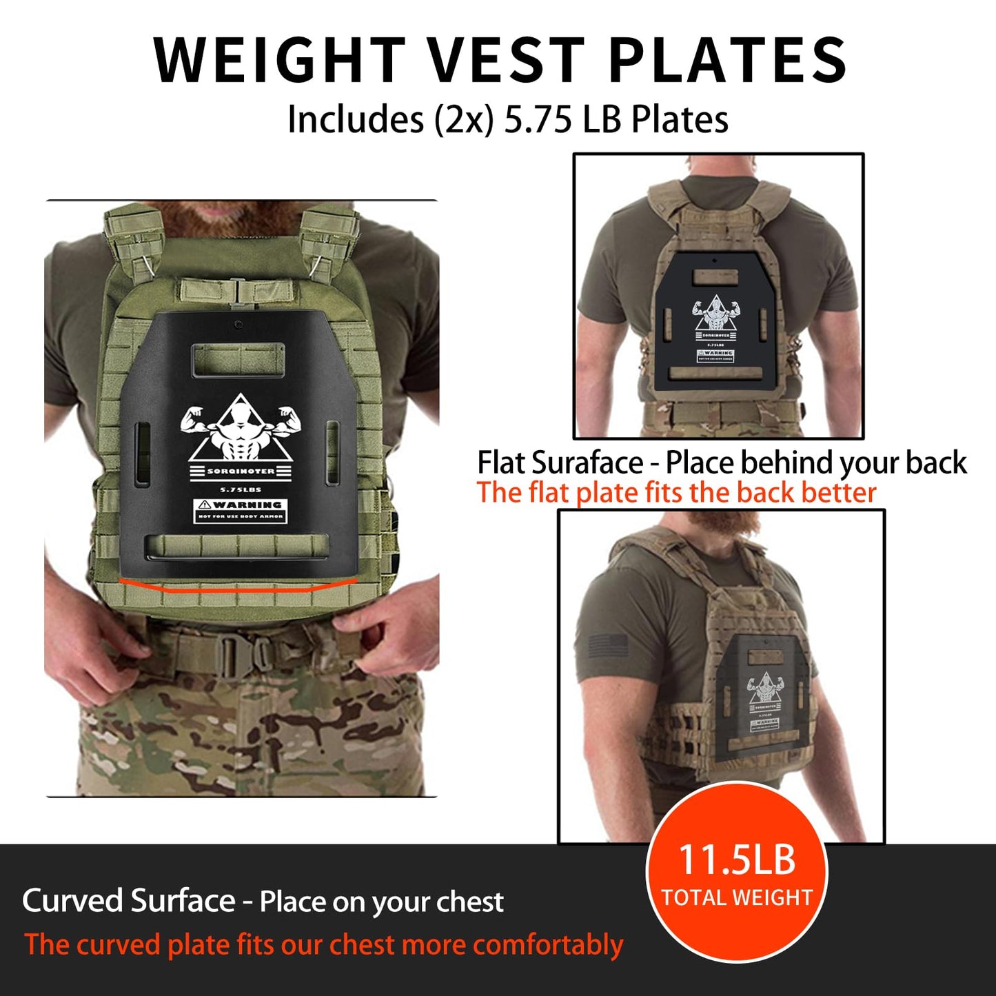Universal Weight Vest Plates - 8.75lb & 5.75lb Curved/Flat Pair Set, Compatible with Most Vests for Strength, Cardio & Home Gym Training