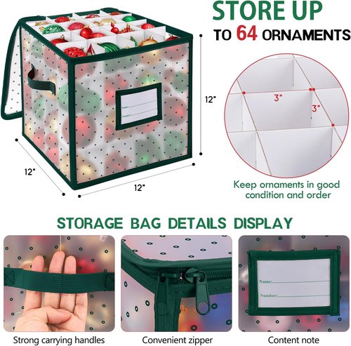 BINSUNS Christmas Ornament Storage Box - Organizer Bag with Dividers for 64 Ornaments | Green