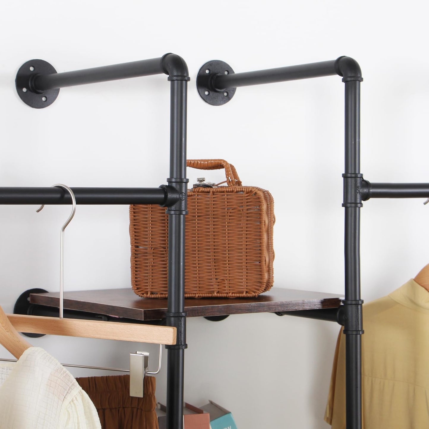 EDCB Wall Mounted Industrial Pipe Heavy Duty Clothes Rack, Clothing Rods for Hanging Clothes, Freestanding Clothing Rack with 2 Hang Rods & 4 Shelves, 72.8" W x 17.7" D x 71" H