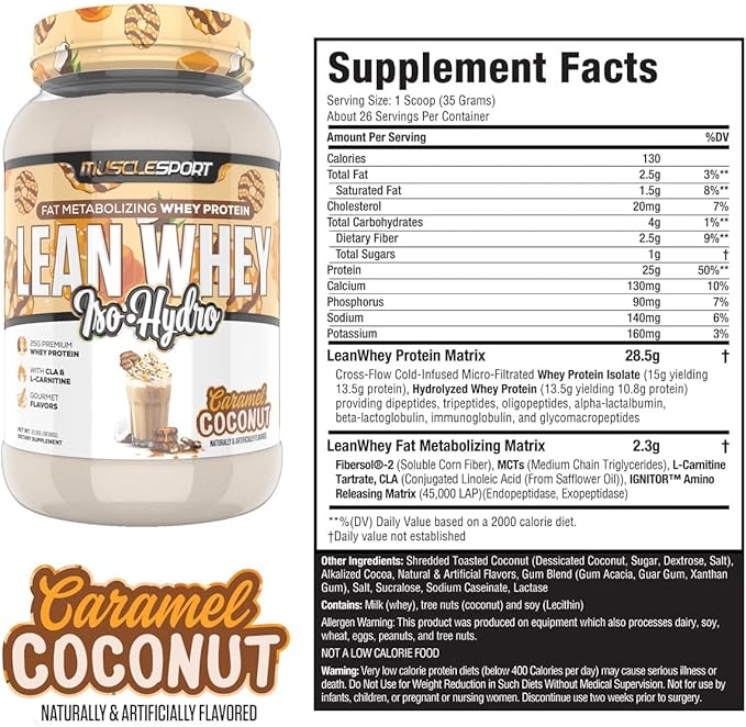 Musclesport Lean Whey Revolution??Protein Powder - Whey Protein Isolate - Low Calorie, Low Carb, Low Fat, Incredible Flavors - 25g Protein per Scoop (2LB, Coconut Caramel)