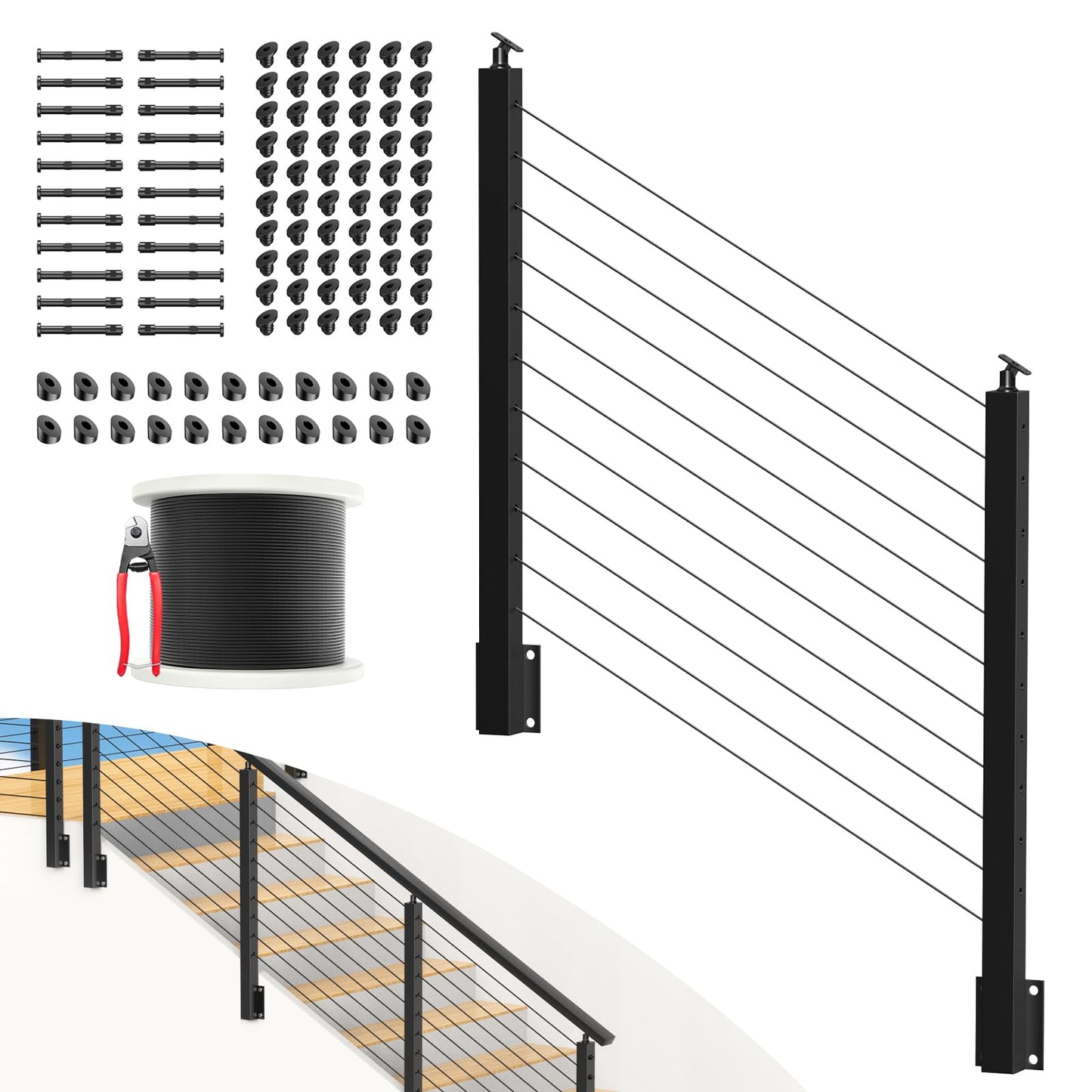 PLANTOP 4-12ft Complete Set 36" Side Mount Cable Railing Post for 25-35 Degrees Stair, 2 Pack Black Left Fascia Mount Stair Post, 150ft 1/8" Cable(No Handrail), Swageless Cable Railing Kit, MY10-SP