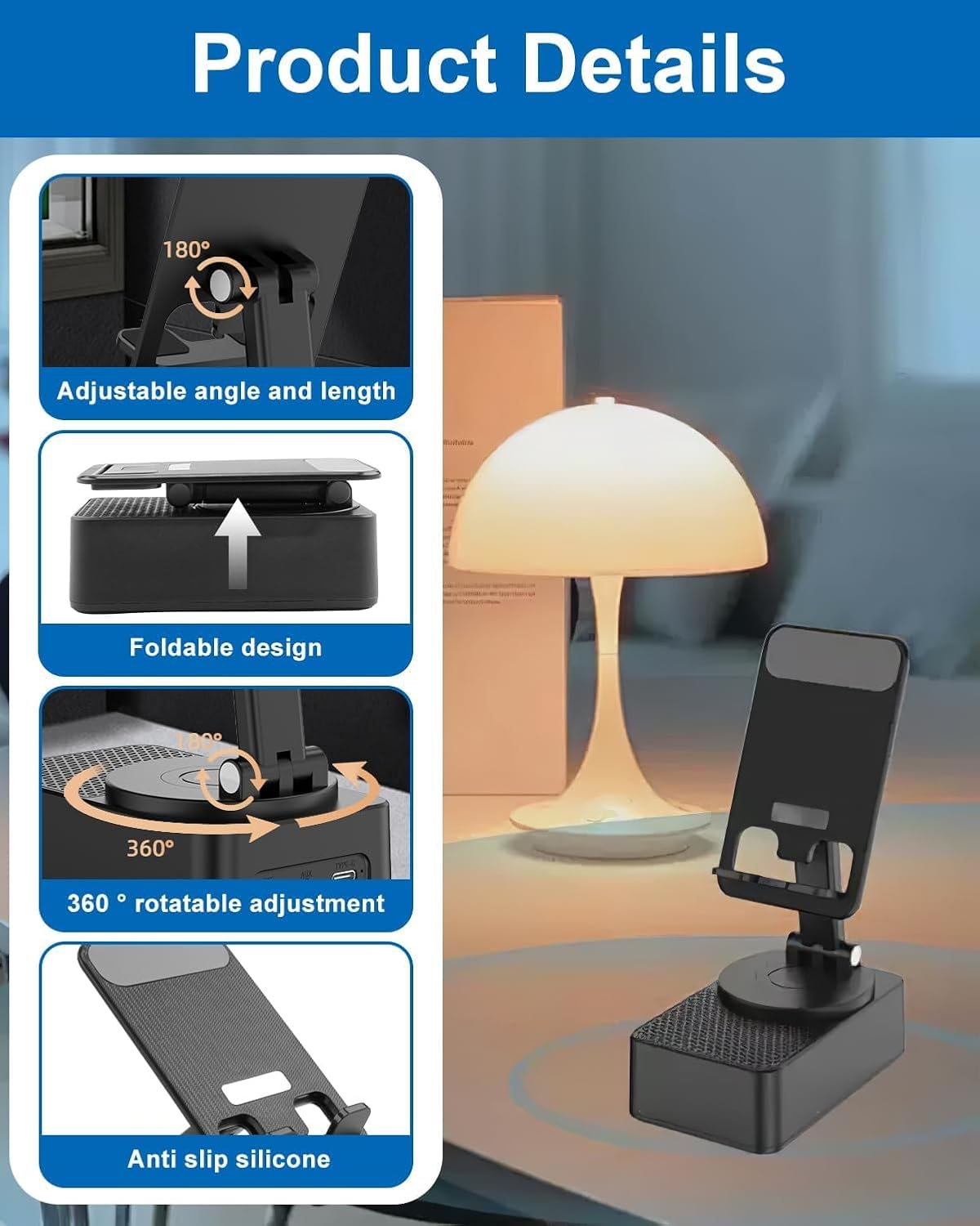 YUEWEESER 3-in-1 360 Cell Phone Stand Foldable with Induction Speaker & Atmosphere Light, Rotation Audio Dock