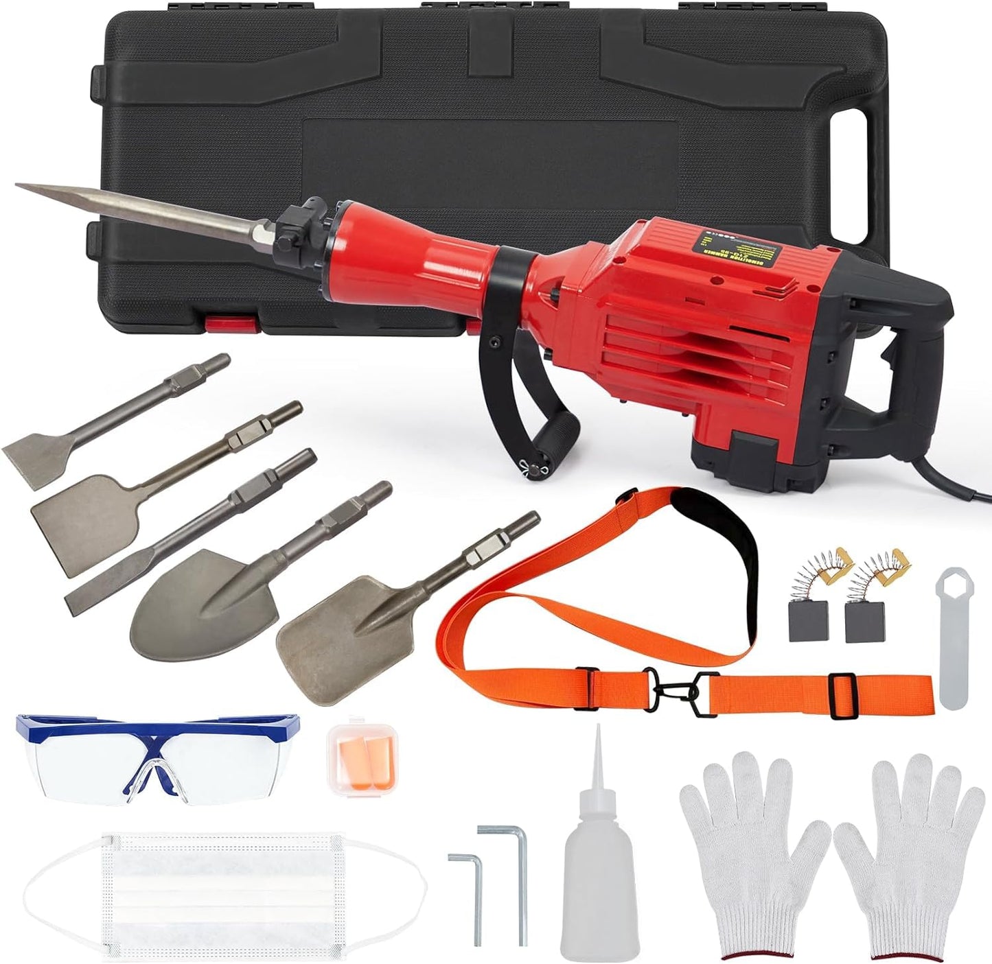 Demolition Jack Hammer 3600W 6PCS Chisels Bit Set W/Case, Jack Hammer Concrete Breaker Tool Kit, Noise-Canceling Earplug, Shoulder Strap