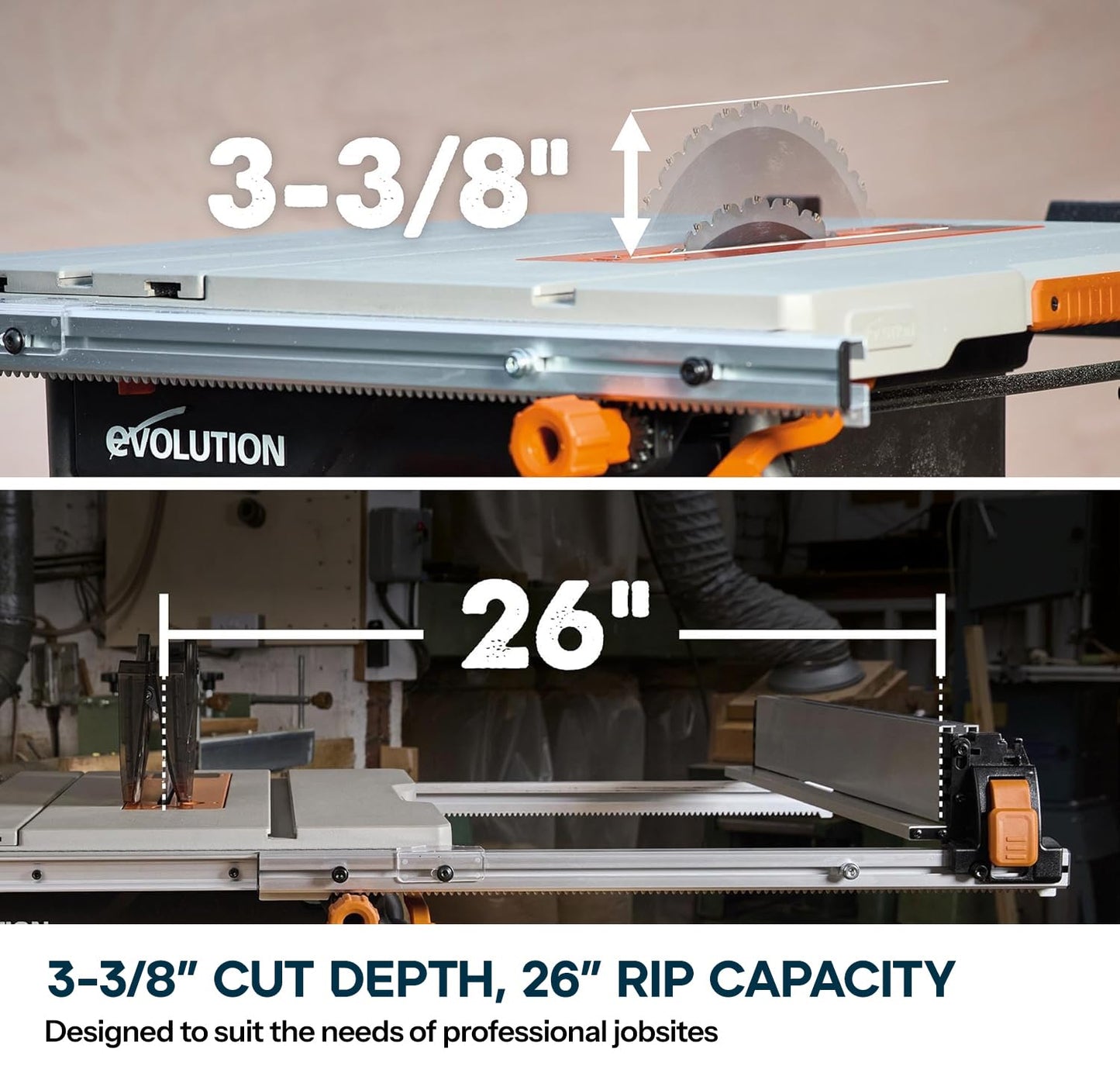 Evolution R10TS 10" Jobsite Table Saw | Zero-Clearance Throat Plate | Dado Plate Included | 15A Motor | 26” Rip | 3-3/8” Cut | 0-45° Bevel | Precision Fence | Heavy Duty Portable Woodworking Saw