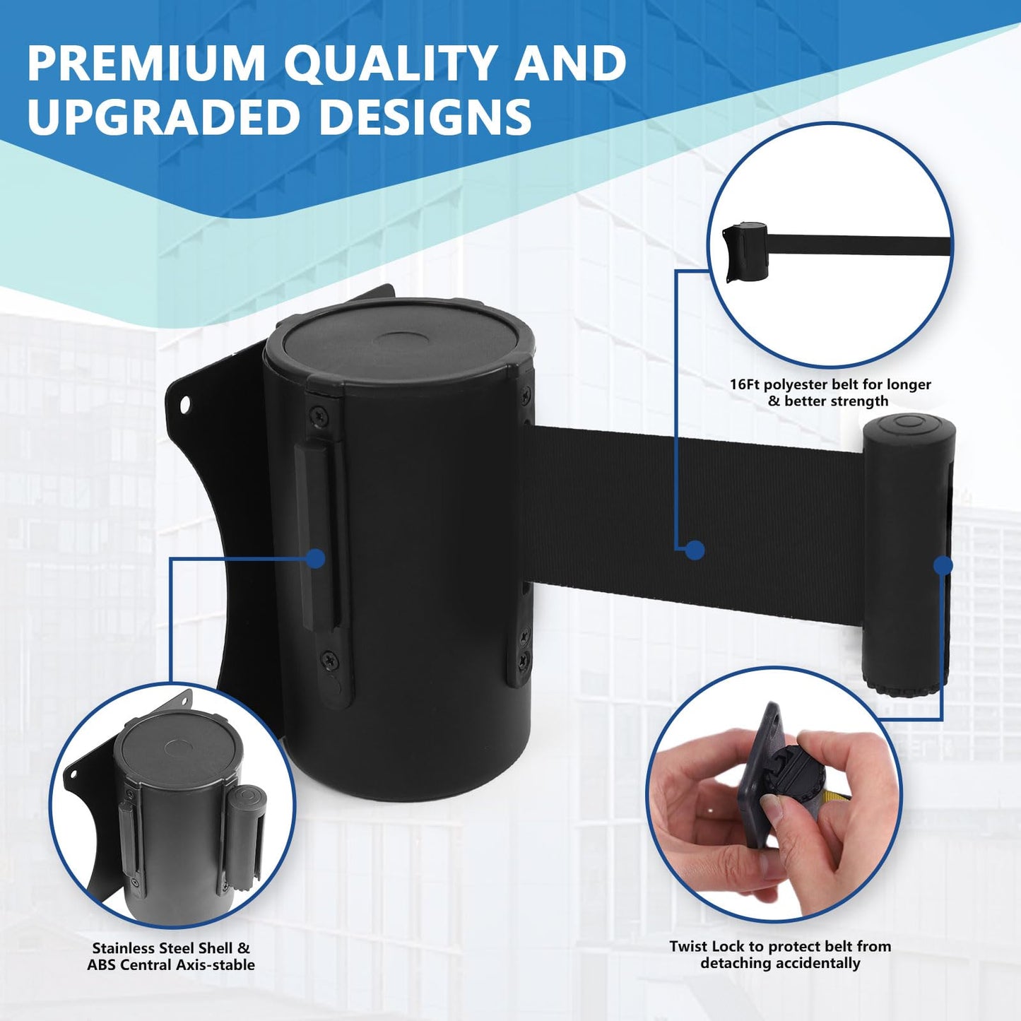 Wall Mount Retractable Belt Barrier 2 Pack, TrreZon Fixed Retractable Belt Barrier with Steel Case 16' Black Belt for Grocery, Restaurant, Retail Store, Office, Stadium, School