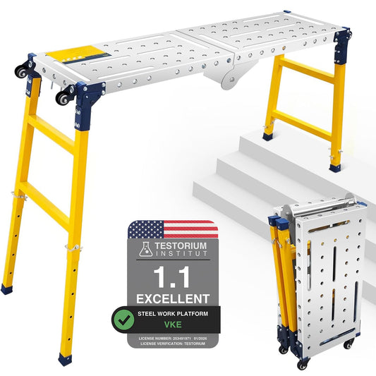 VKE Galvanized Steel Large Work Platform Support 1000 lbs 55"x14", Height 27 to 43 inches Adjustable Folding Portable Platform, Corrosion Resistance Platform Ladders with Rollers Easy to Move Store
