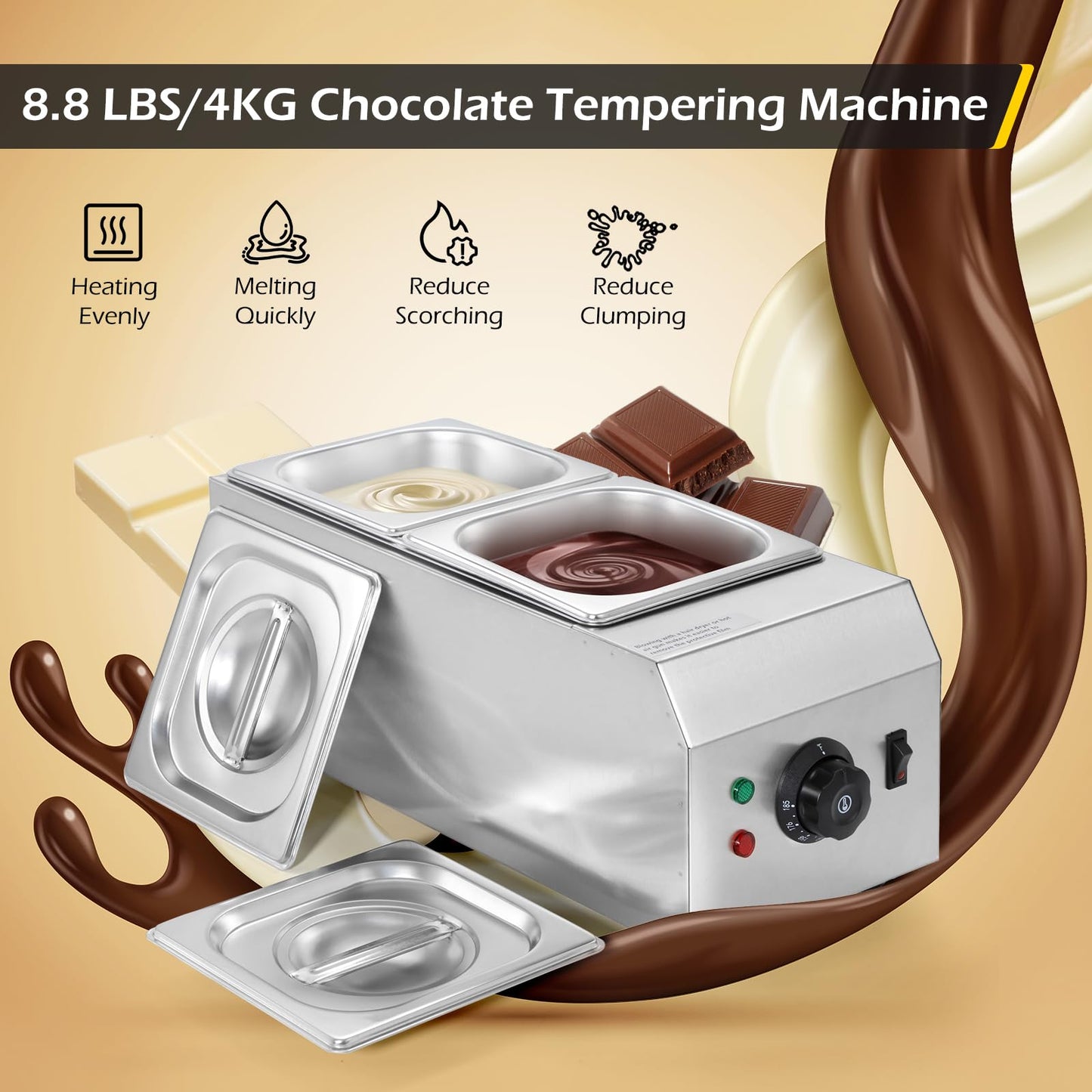 Dyna-Living Chocolate Melting Pot 2-Tanks Commercial Chocolate Tempering Machine Chocolate Tempering Pot 1000W Electric Chocolate Melter Pot Chocolate Warmer for Milk Coffee Cheese