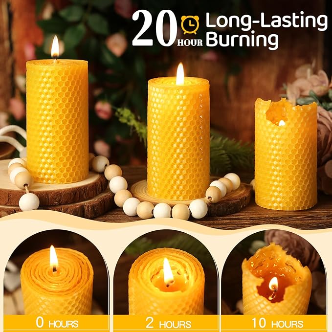 3 Pack Natural Beeswax Pillar Candles,Handmade Pure Beeswax Rolled Candle-60 Hours Long Burning,Honeycomb Bees Wax Candles for Home, Prayer,Dripless Smokeless Unscented Pillar Candle 2x4in