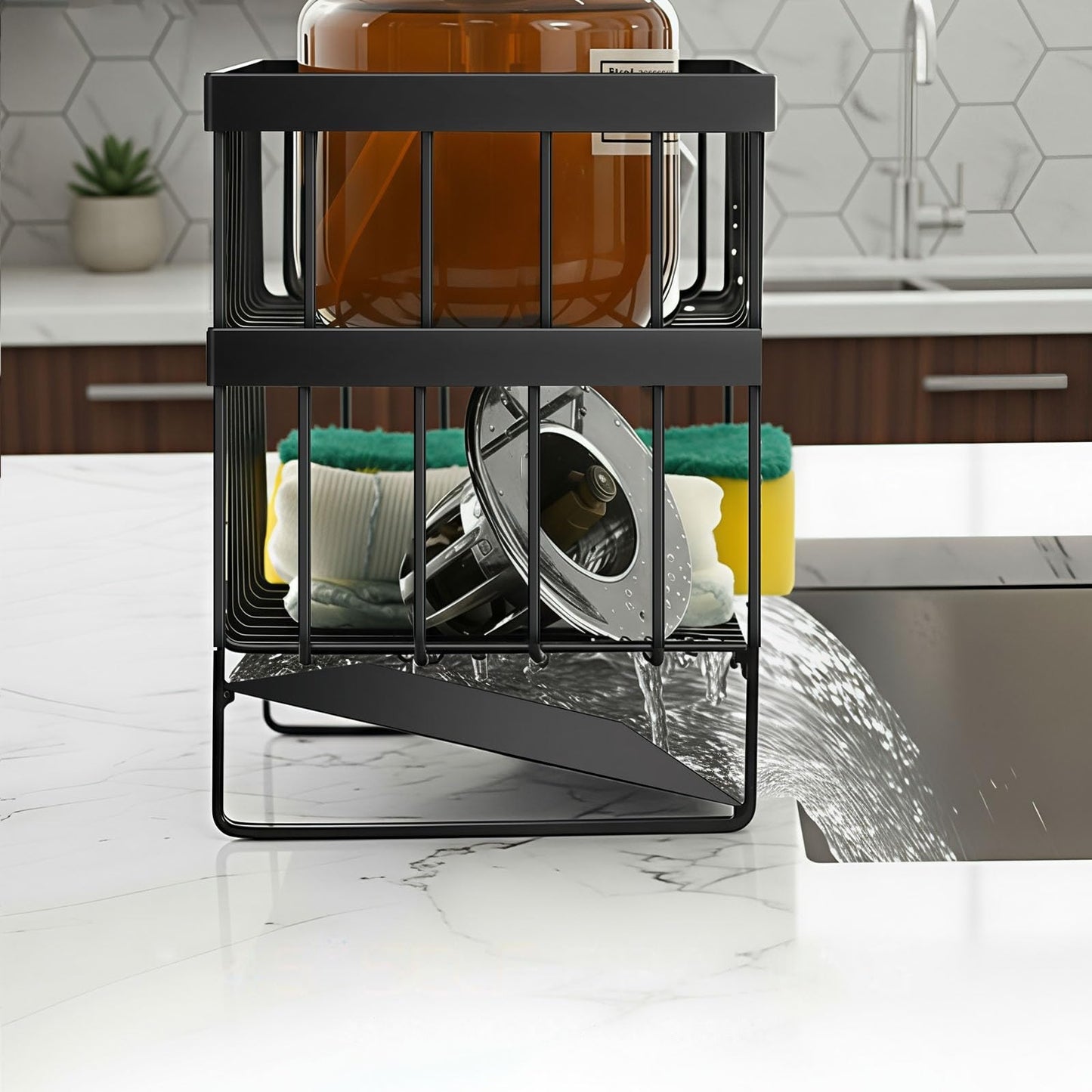 UEFFNR Kitchen Sink Organizer Caddy, 2 Tier Sink Caddy Organizer with High Brush Holder, Rust-Proof Countertop Rack (Black 10.6 * 4.3 * 5.7") for Kitchen Accessories & Dish Brushes