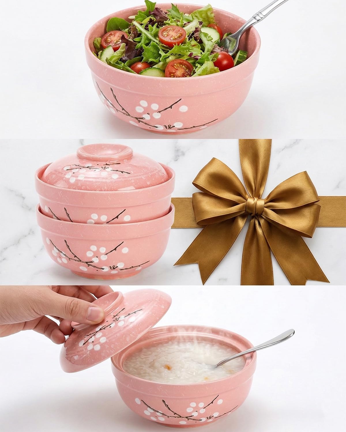 Zitonyang Ceramic Ramen Bowl, 2 Pack 27 Oz Ramen Bowl With Lid Japanese Soup Bowls With Lid Korean Soup Bowls For Noodles, Porridge, Rice, Dishwasher Safe (Pink, Griege)