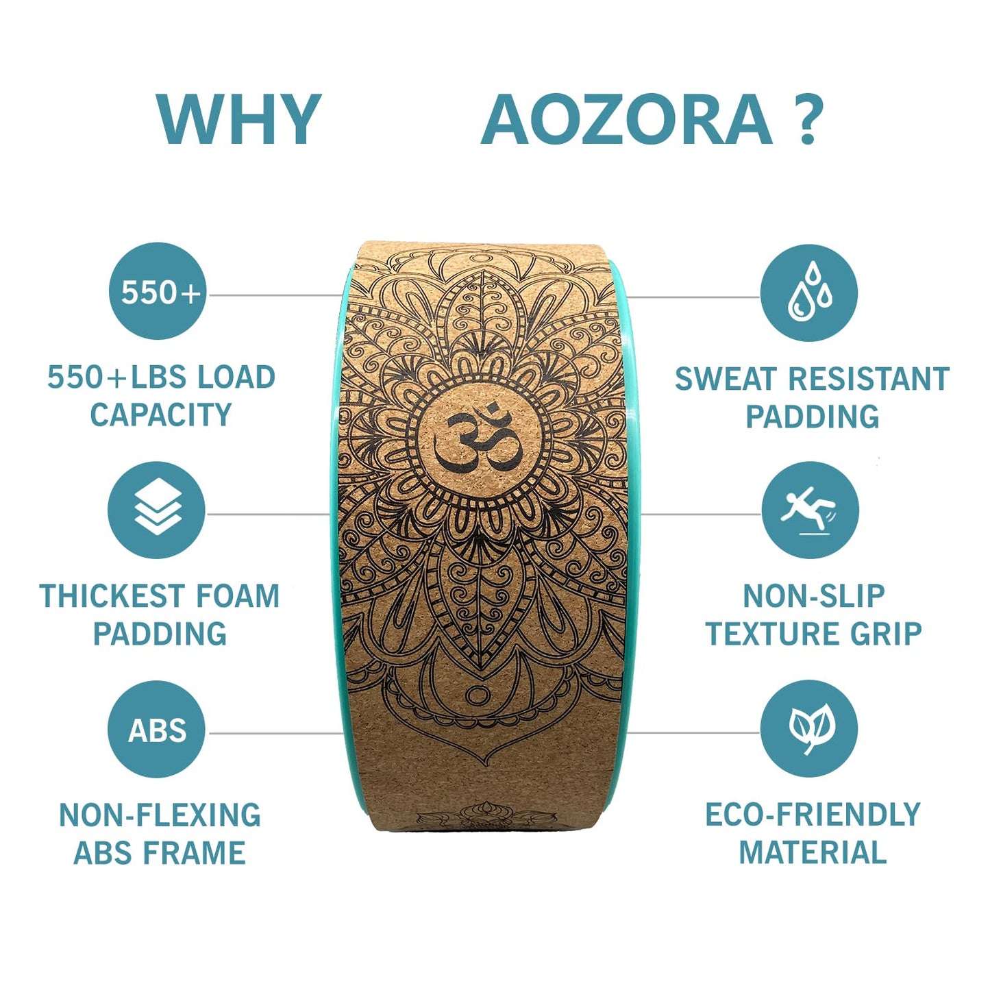 Aozora Yoga Wheel 13" with Most Detailed Book Step by Step Guide on How to Do 30+ Poses,! Perfect for Stretching and Improving Backbends (3 Pack - 6, 10 & 13" -Cork/Turquoise +strap)