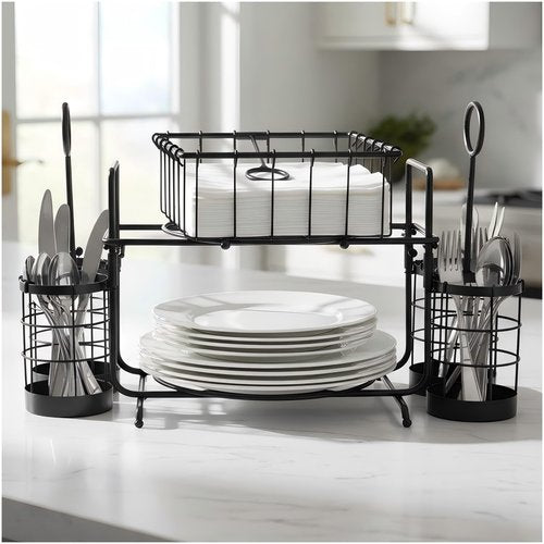 Lihou PapaQ Metal Buffet Caddy Tabletop Organizer, Flatware Napkin and Plate Picnic Caddy Stackable Serving Set for Kitchen, Picnic, Camping, Party,Dining, Entertaining, Parties,Thanksgiving