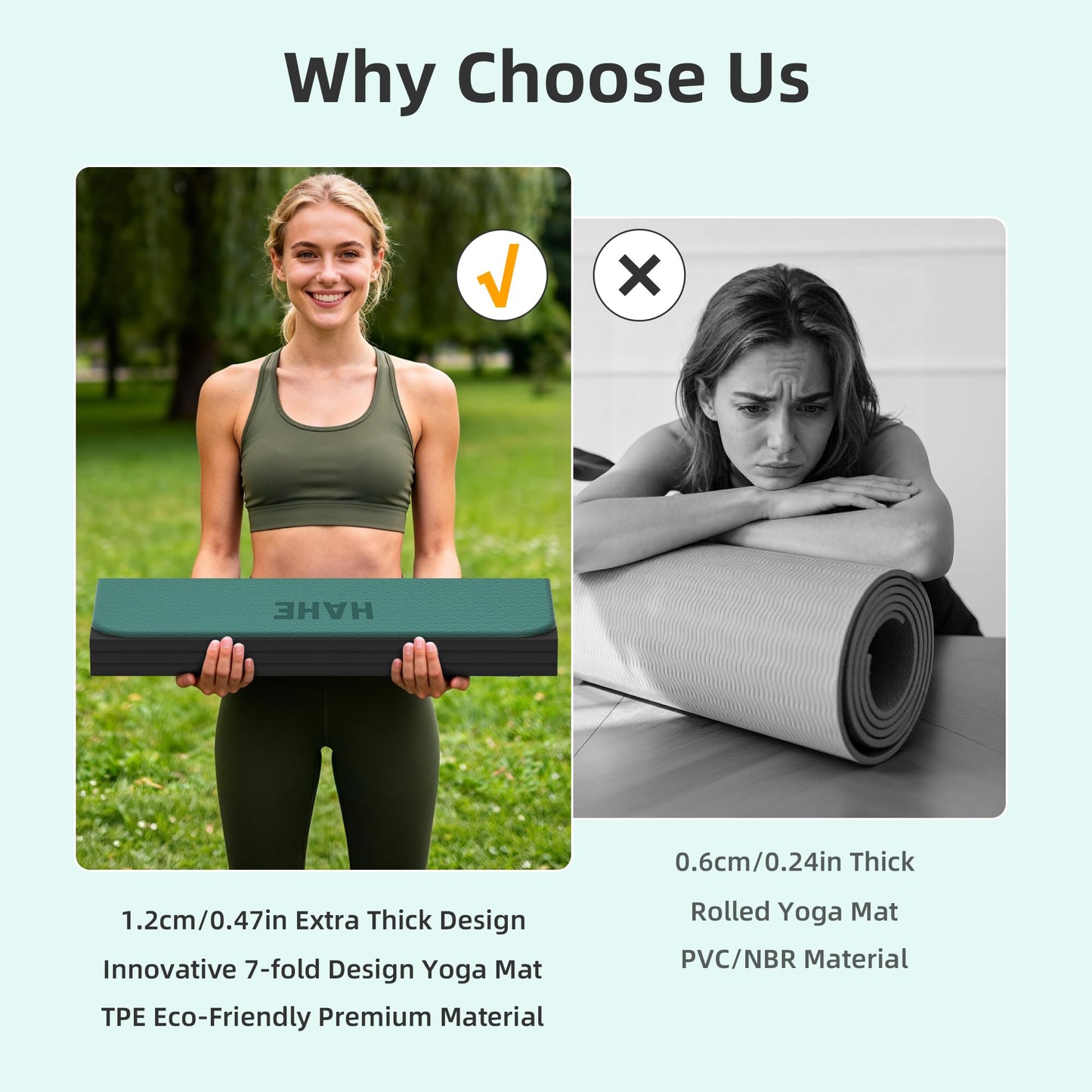 HAHE 7-Fold Design Extra Thick Yoga Mat 72"L x 24"W x 0.47",TPE Fitness Exercise Mats, Non-Slip Foldable Yoga Mat, High Density, Portable for Men & Women, Yoga, Pilates, Home Gym (Dark Green & Black)
