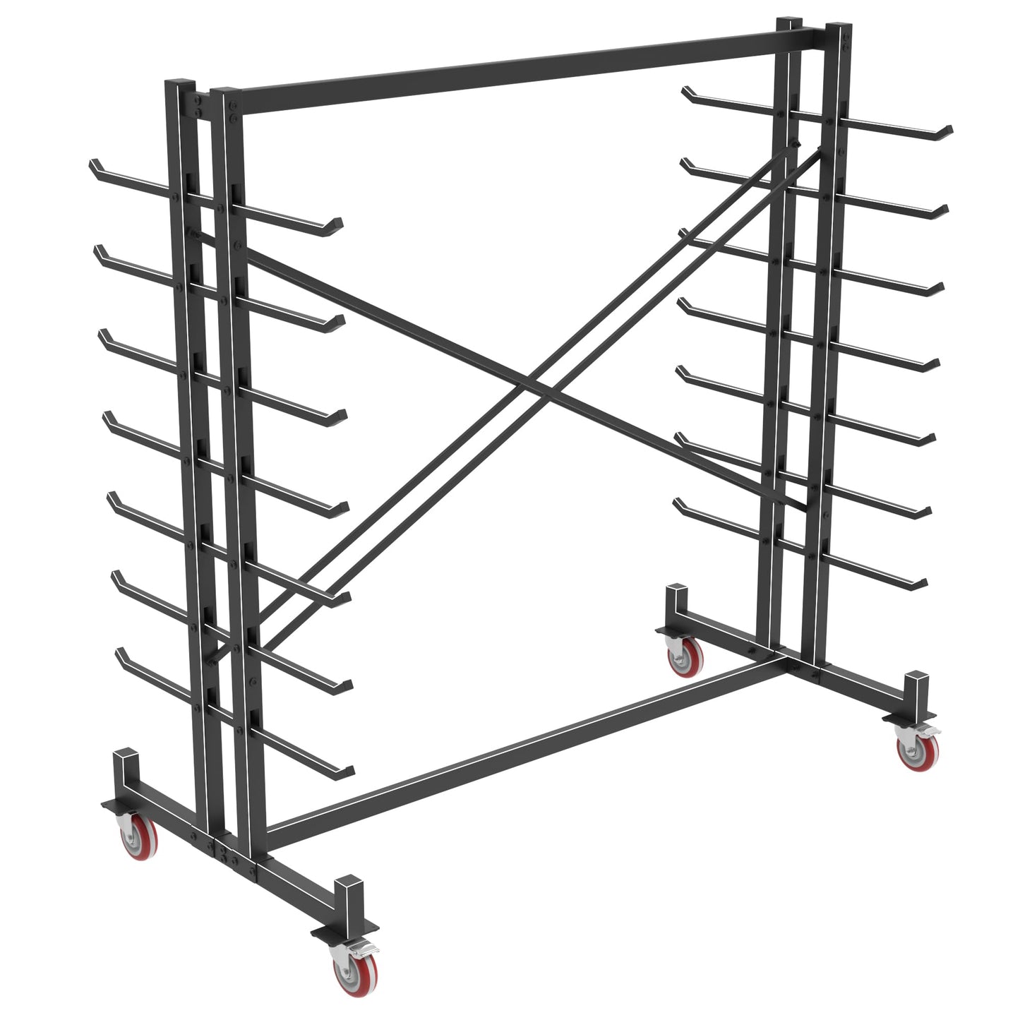 Lumber Storage Rack, 2000lbs Heavy Duty Freestanding Pipe Rack with 7 Tiers, Double-Sided Wood Storage Shelves with 4 Silent Casters, for Garage Workshop Basement, 59.84"L x 35.43"W x 65.74"H, Black