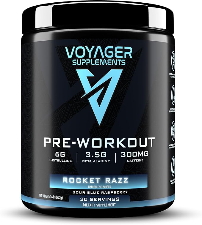 Voyager Pre-Workout Rocket Razz ??Creatine-Free Powder w/L-Citrulline, Beta-Alanine, Caffeine ??Supports Energy, Endurance & Focus ??30 Servings ??No Artificial Fillers ??GMP Certified