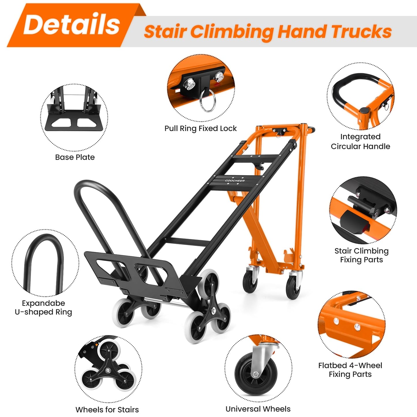 Heavy Duty Stair Climbing Hand Truck - 1000 LBS Capacity 4-in-1 Convertible Dolly Cart, Foldable Platform Utility Cart for Moving Boxes, Industrial Grade Steel Construction(Orange)