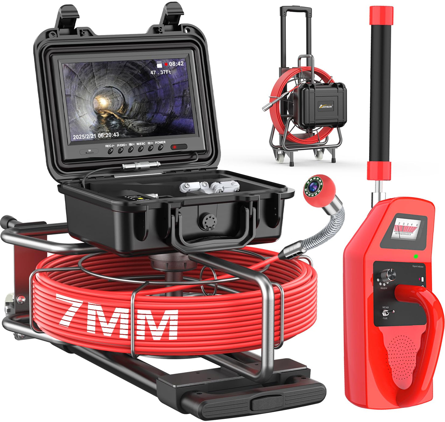 Anysun All in 1 Sewer Camera with Locator & Wheels & Pull Handle, 7MM Cable, Self Leveling, Distance Counter, 32GB Card, 9'' HD Monitor, Pipe Drain Inspection Camera IP68 Borescope (150FT/45M)