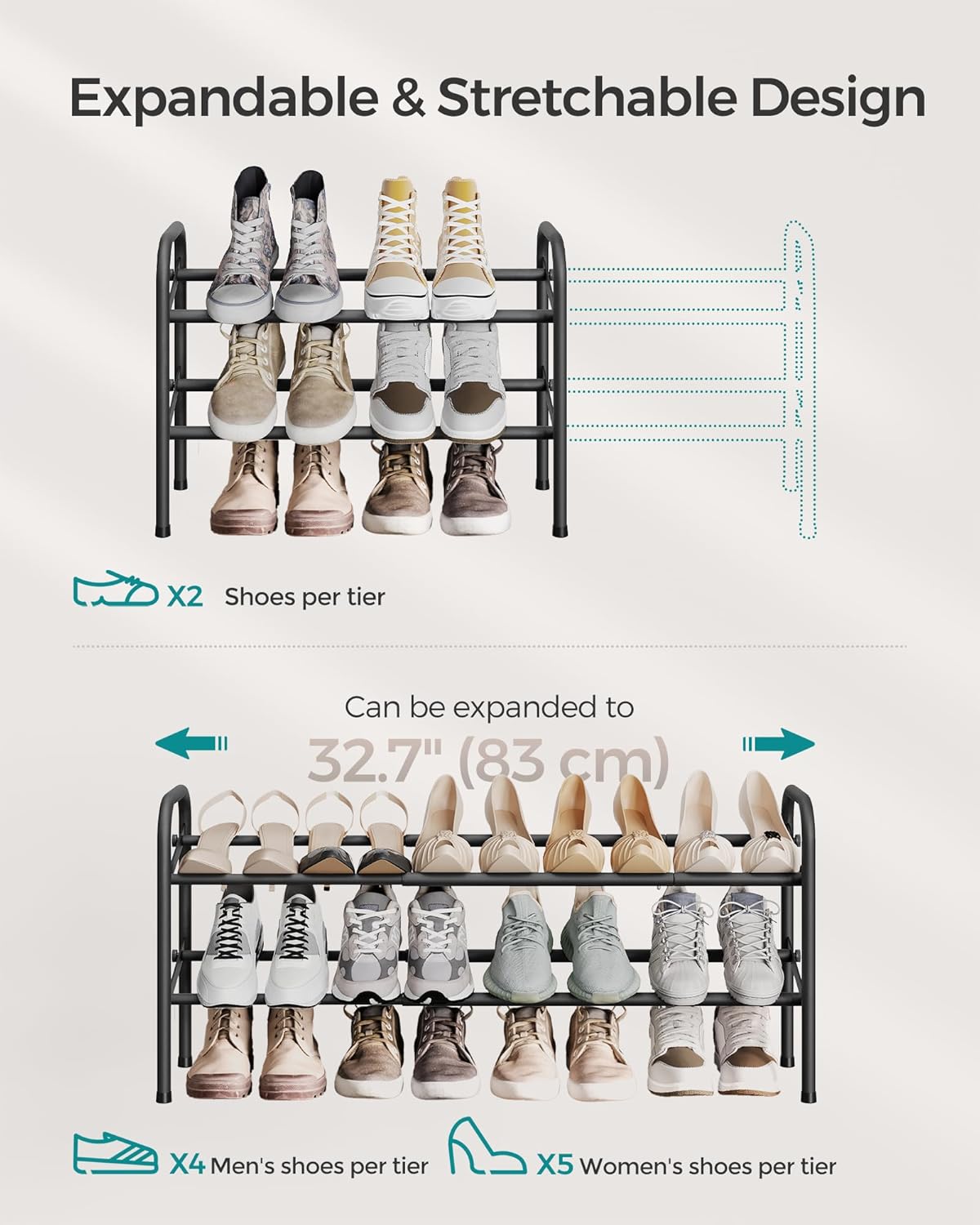 SONGMICS Expandable Shoe Rack - Adjustable 2-Tier Organizer for 15 Pairs - Metal Storage Solution in Ink Black