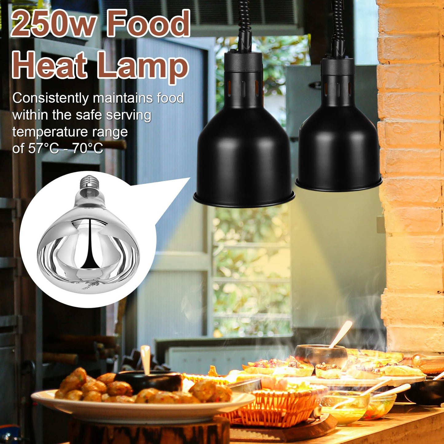 Nuanchu 2 Pack Food Heat Lamps 110v 250w Food Warmer Light Retractable Hanging Heat Lamp for Buffet Restaurant Catering Kitchen Dia 17.5cm Shade Black