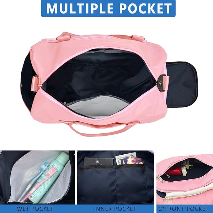 woogwin Gym Bag for Men & Women with Shoes & Wet Compartment Waterproof Duffle Bag for Travel Sports Workout Overnight Weekender(21",Pink)