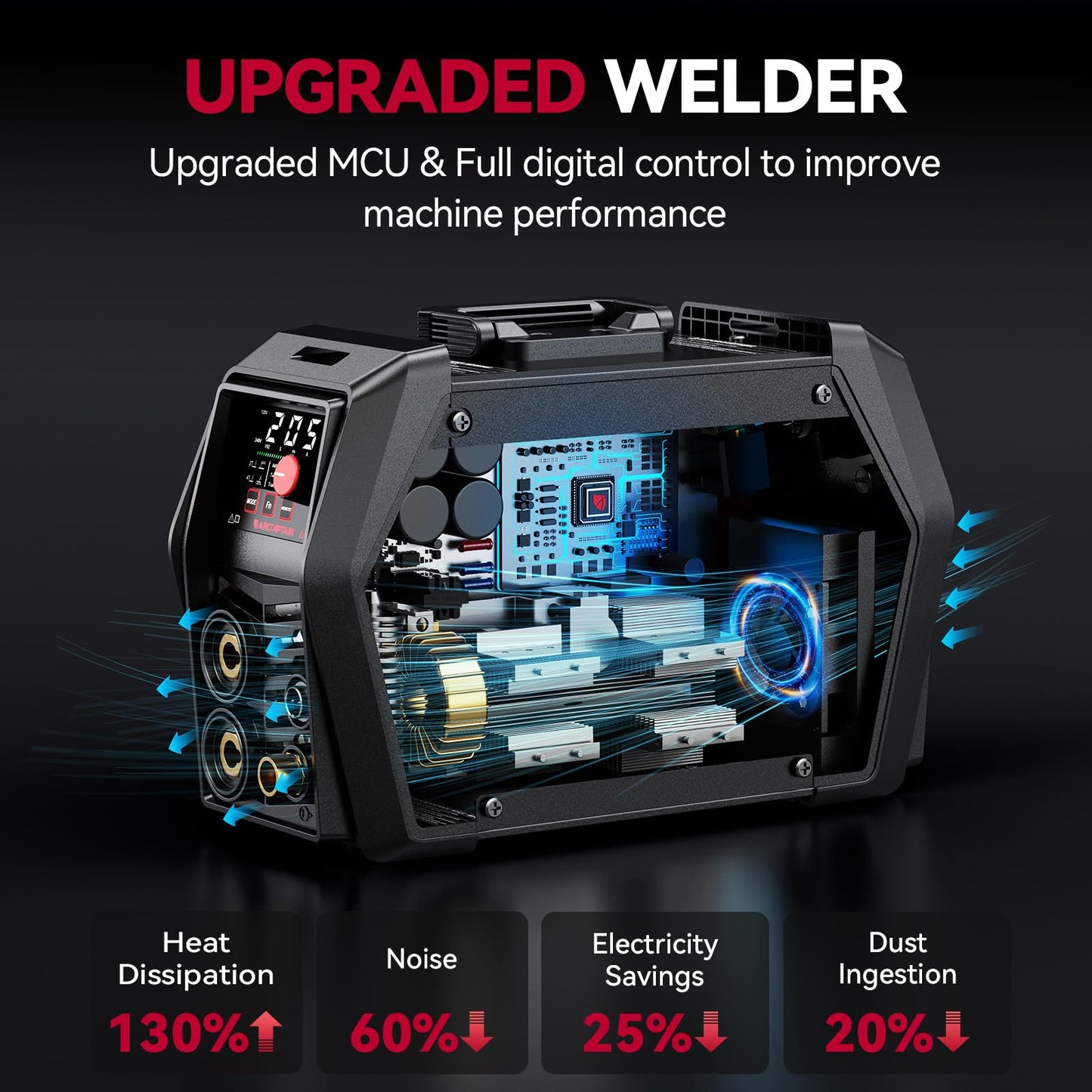 ARCCAPTAIN iControl TIG 205 Pro, 5 In 1 Cold Spot Stick/TIG Welder, 120V/240V Welding Machine with Large LED Display, 2T/4T, Hot start, Arc Force and Anti-stick